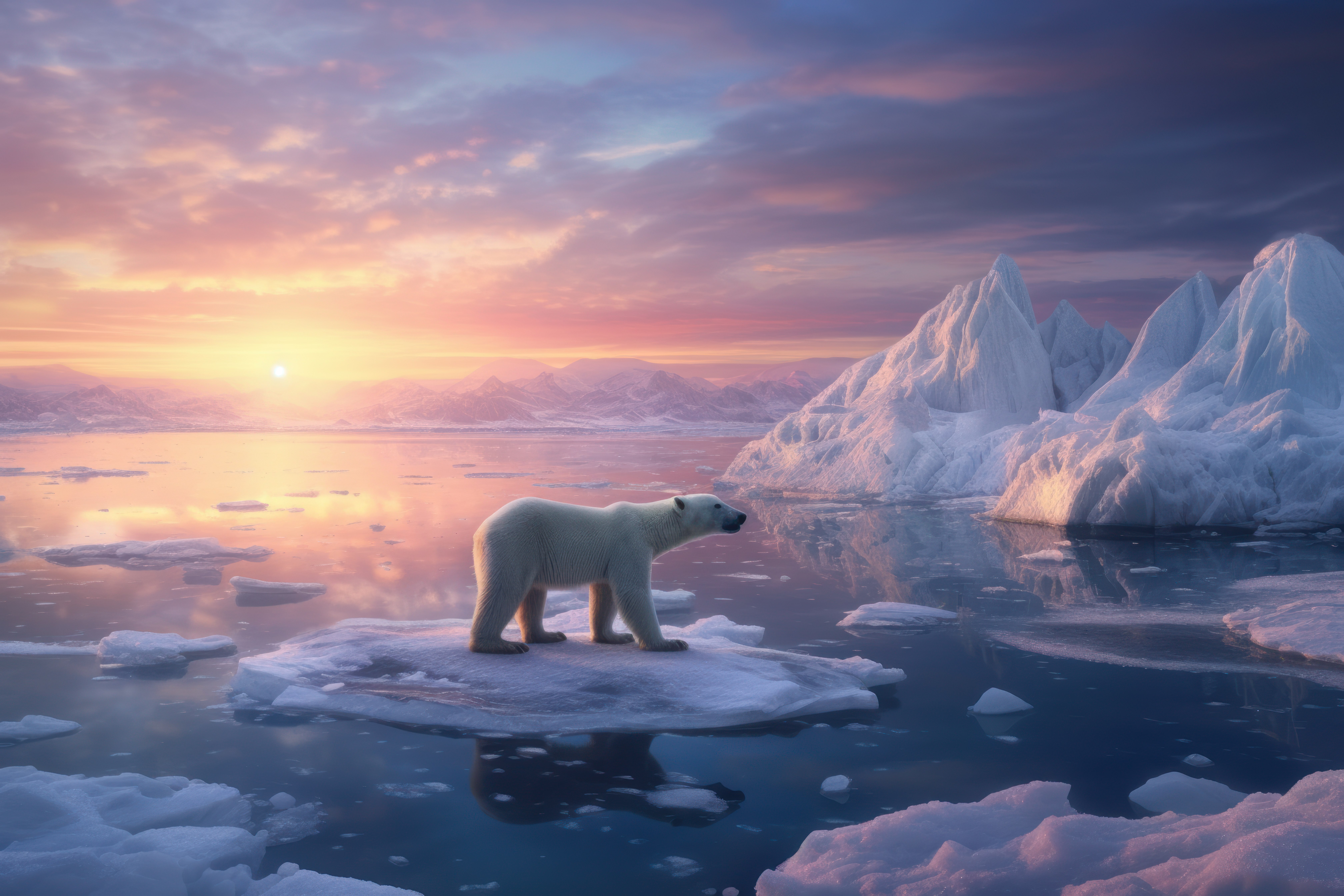 Nascer do sol, Urso polar, Icebergs, Surreal, Estética, 5K, 8K