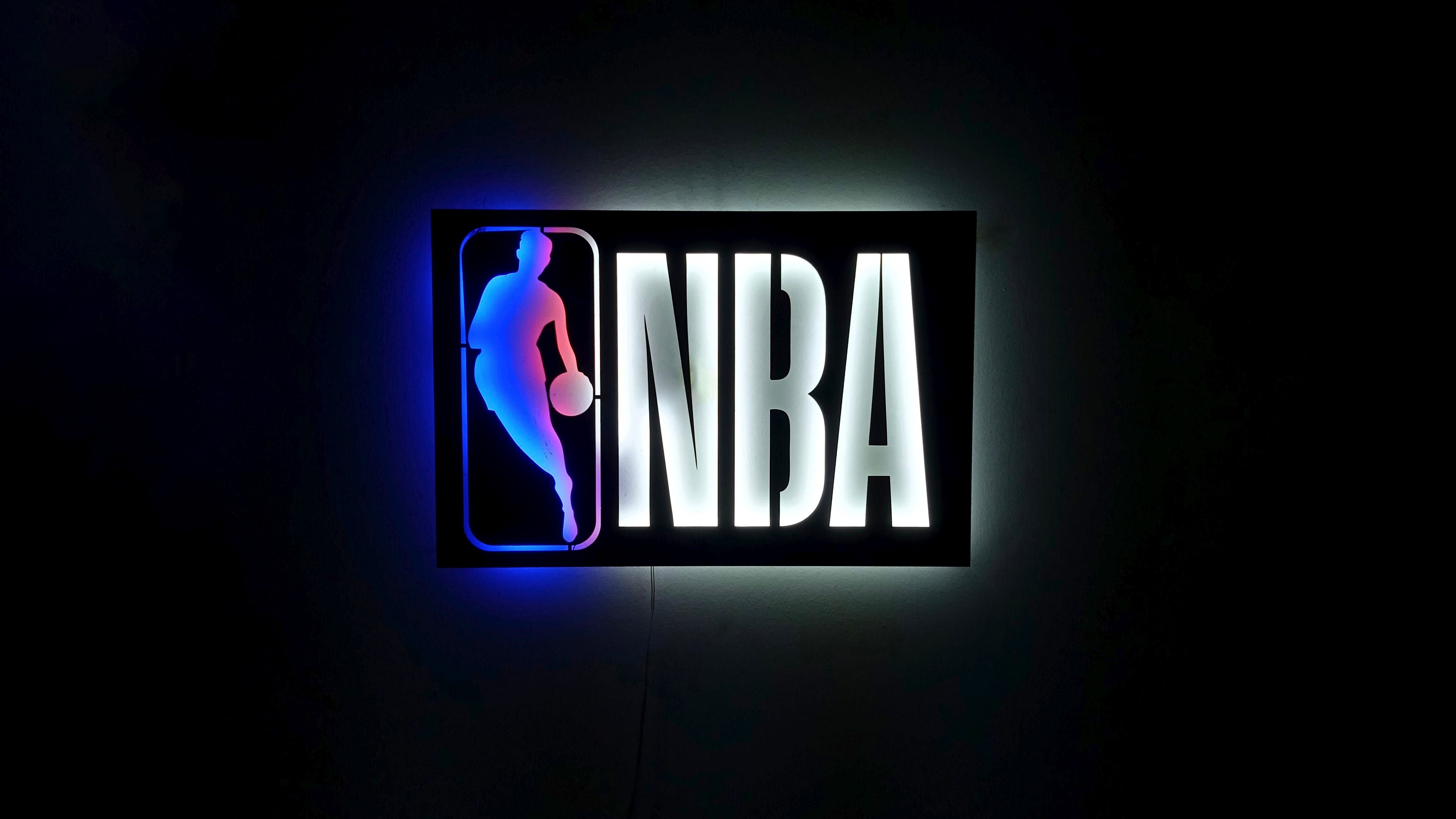 NBA, Letreiro de neon, Basquete, Logo, Brilhante, Fundo escuro, 5K