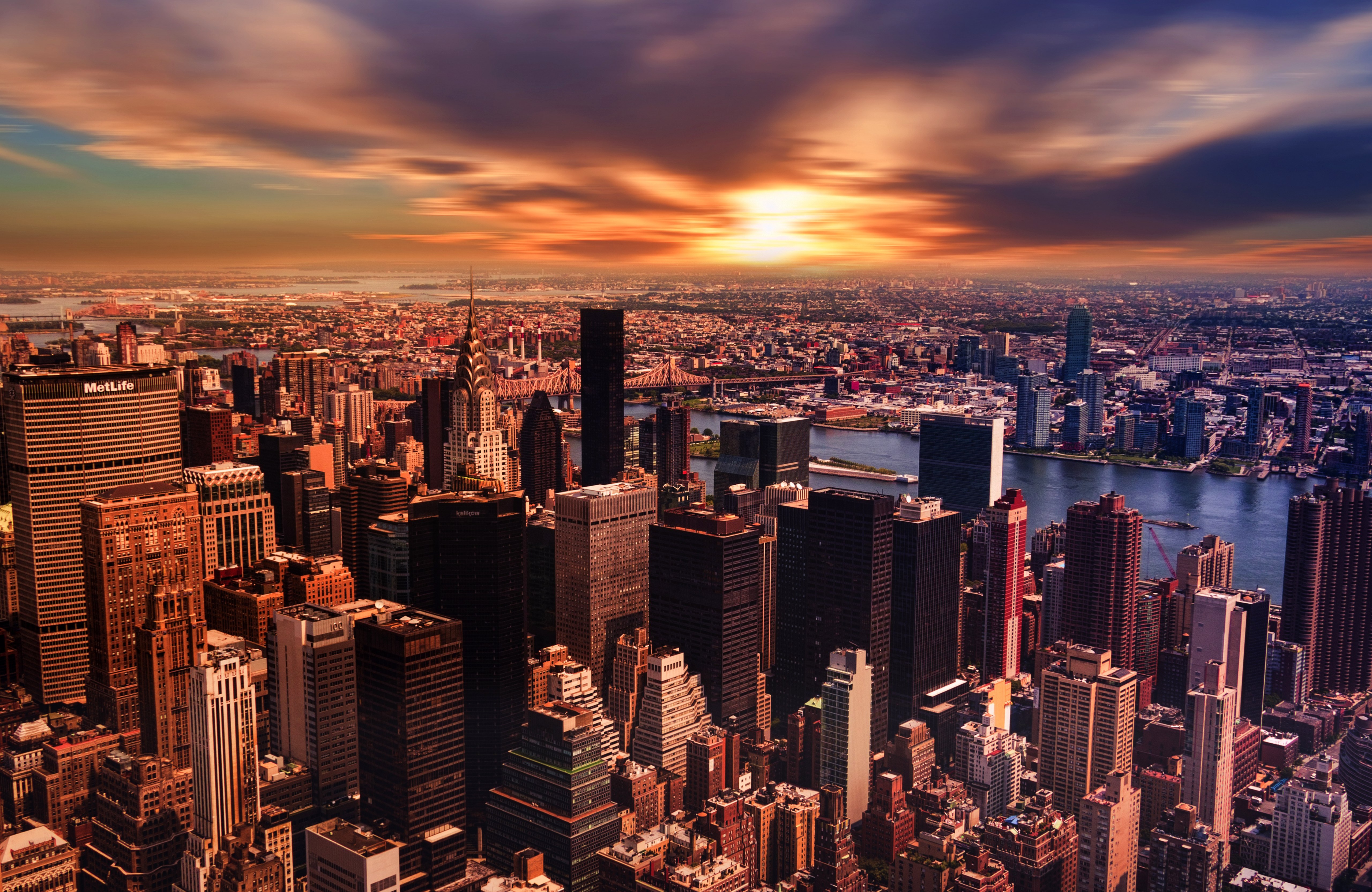 Nova York, 5K, Céu nublado, Pôr do sol, Paisagem urbana, Horizonte