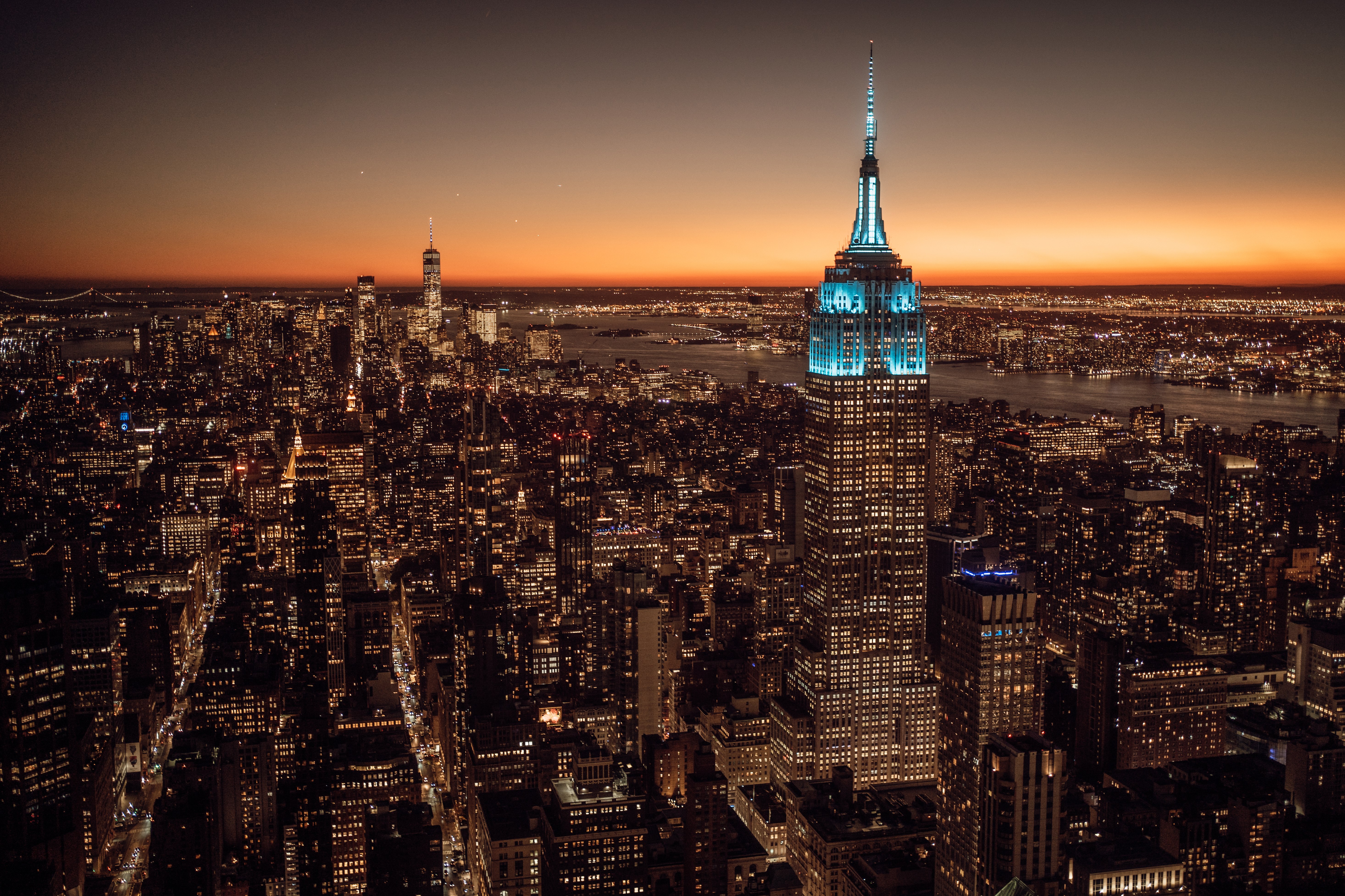 Nova York, Empire State Building, Paisagem urbana, Luzes da cidade, Pôr do sol, 5K