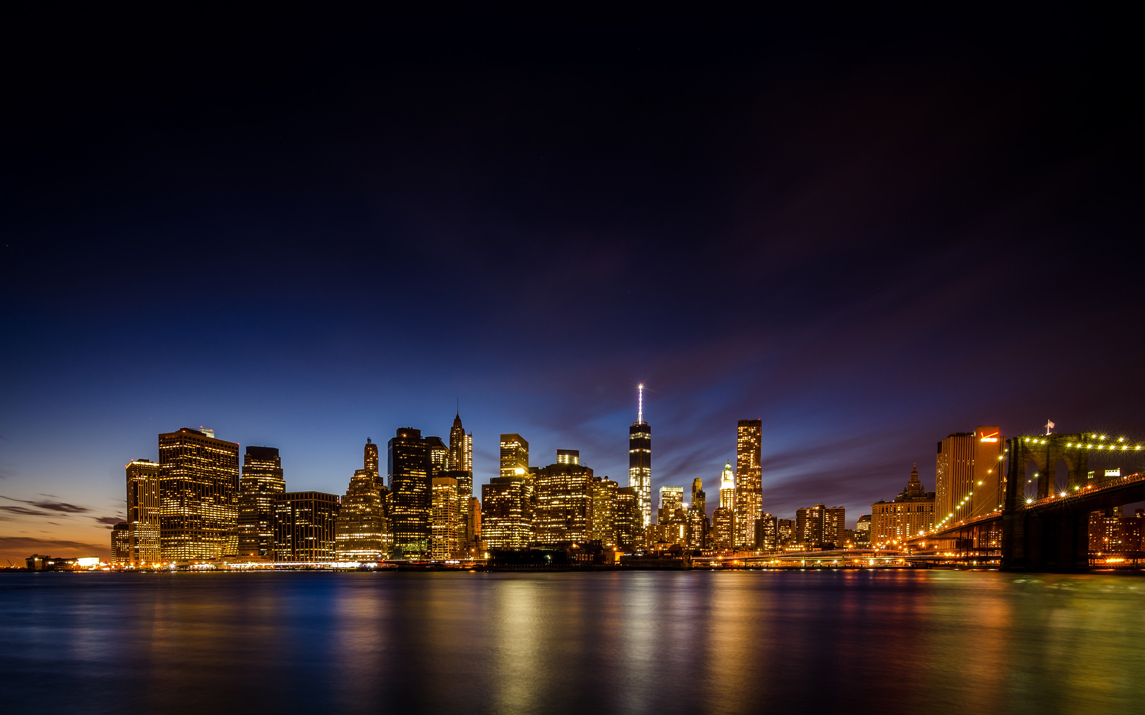 Nova York, Longa exposição, Horizonte, Brooklyn Bridge Park, Orla, Noite, Paisagem urbana, Luzes da cidade, Reflexo, Arranha-céus