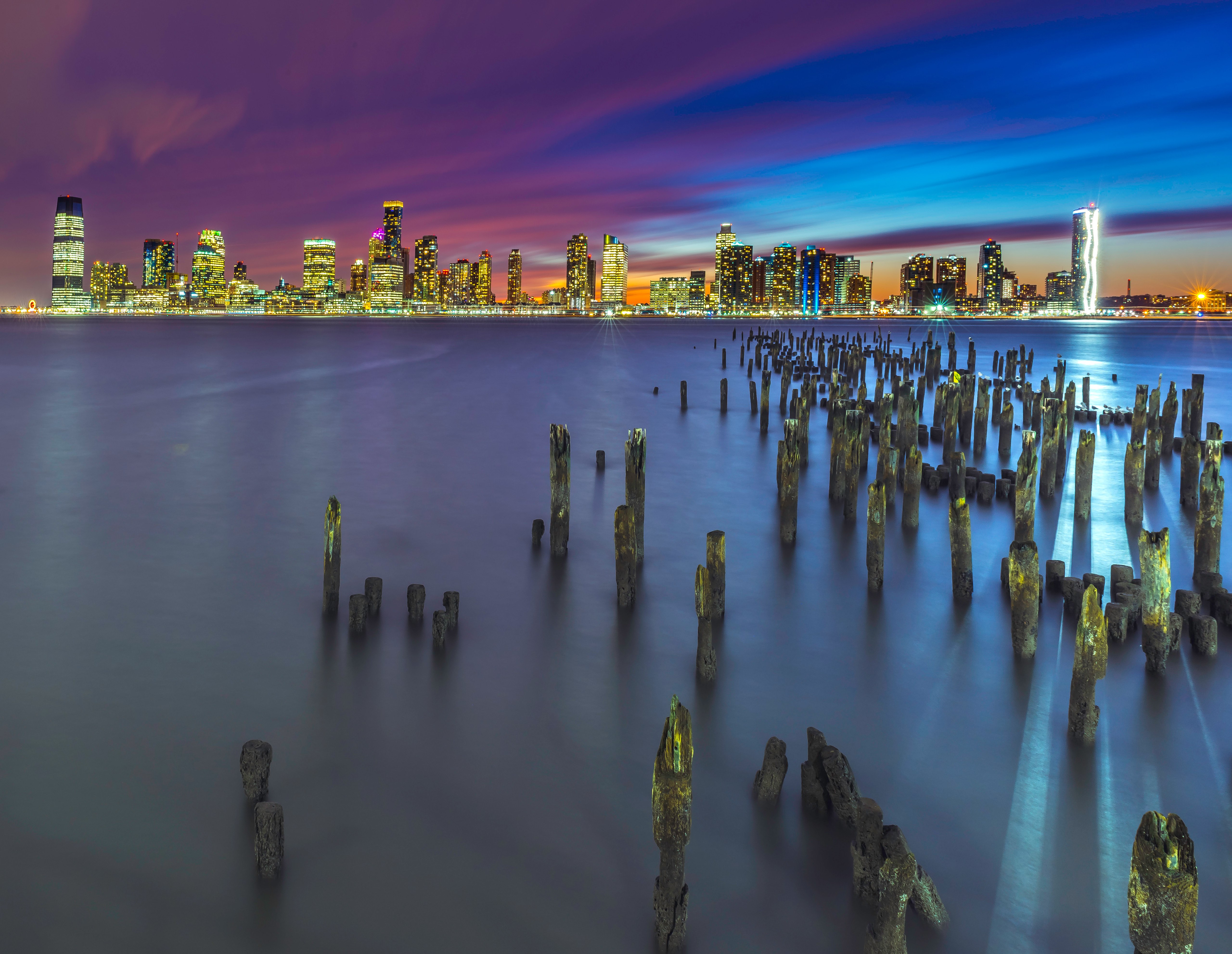 Nova York, Metropolitana, Horizonte, Paisagem urbana, Noite, Luzes da cidade, Longa exposição, Píer, 5K