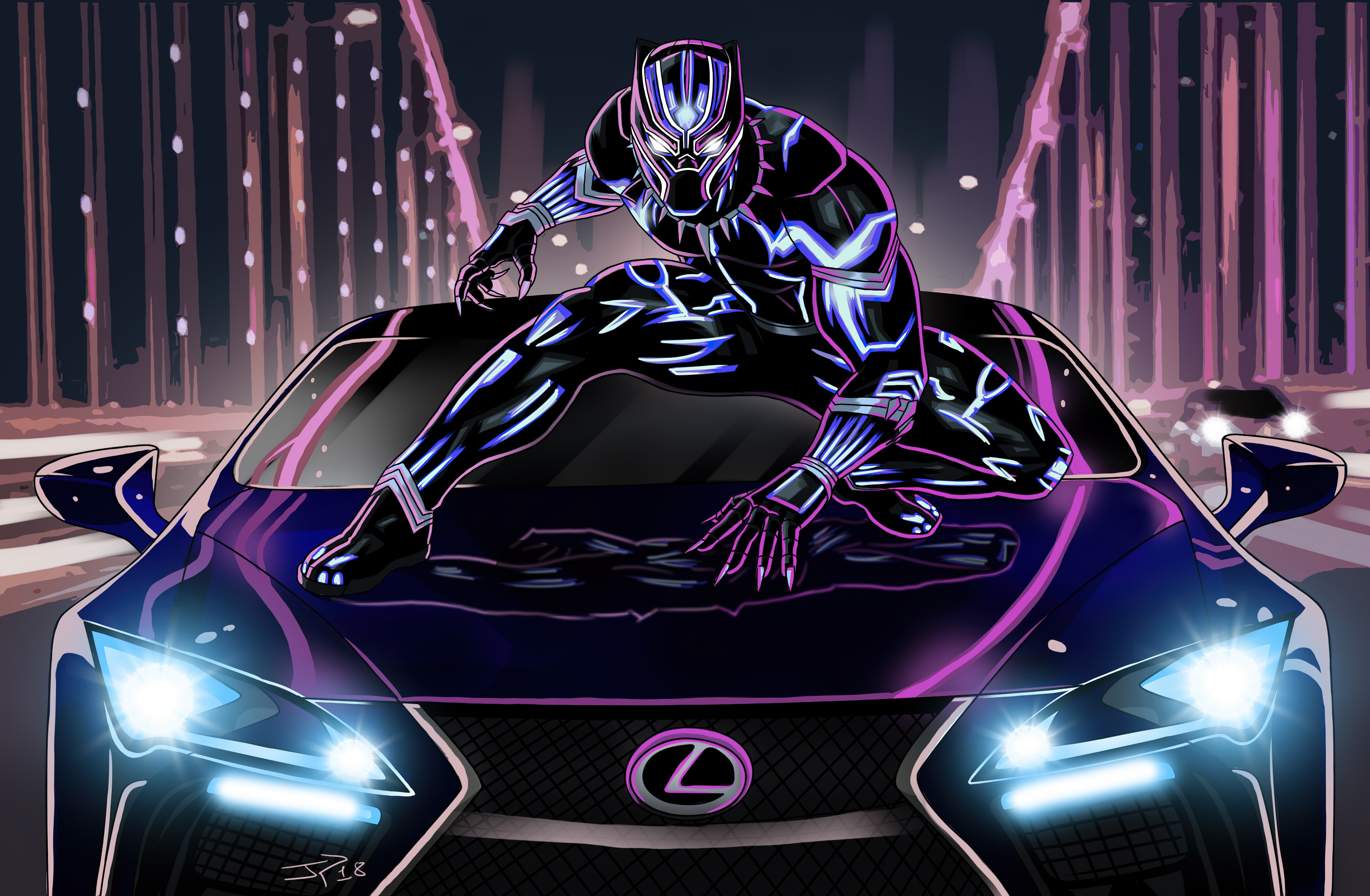 Pantera Negra, Lexus LC 500, Arte digital, Arte neon, Super-heróis da Marvel, 5K