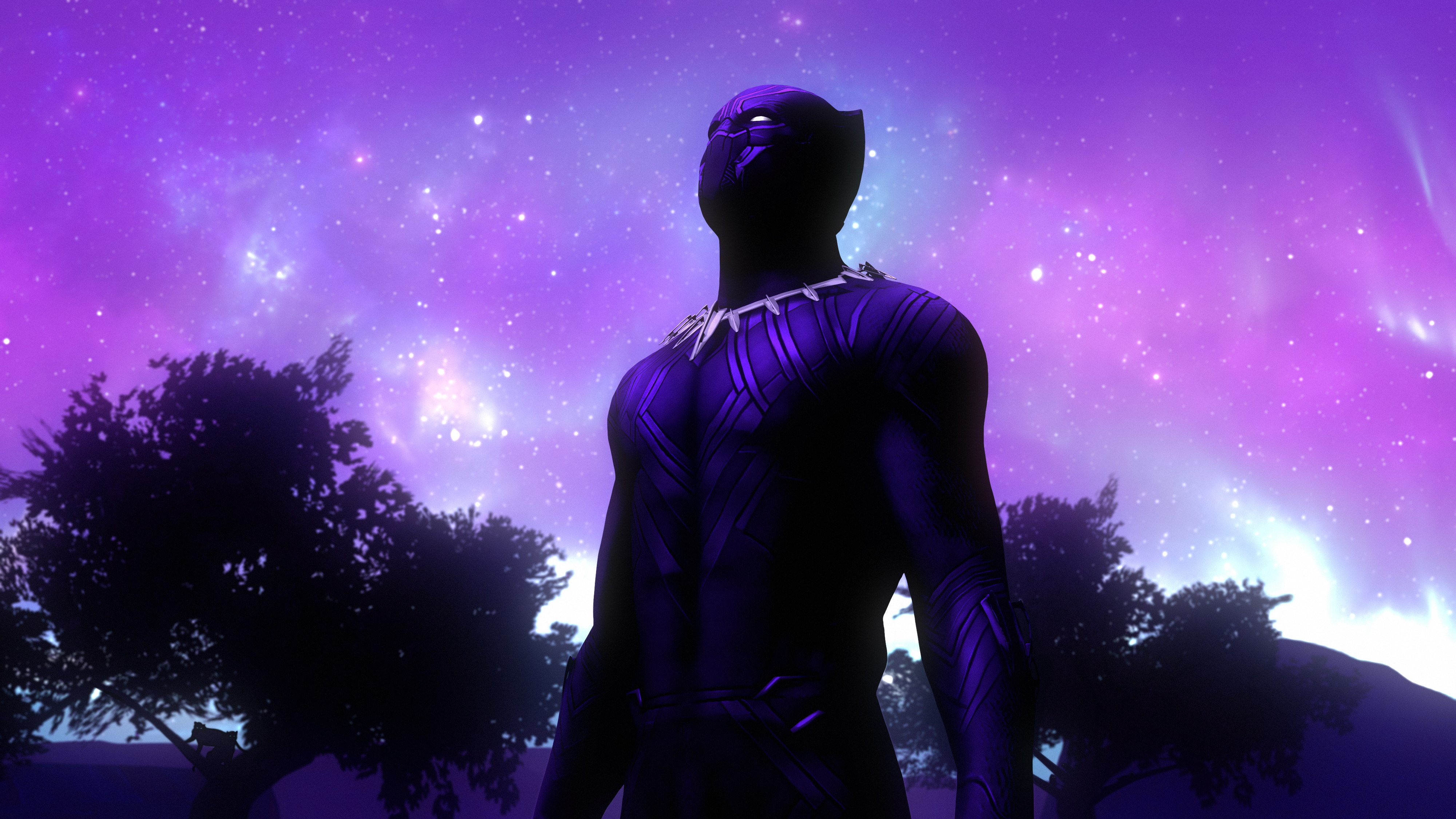 Pantera Negra, Super-heróis, Marvel Comics, Céu roxo, Espaço sideral, Estrelas, Composição digital