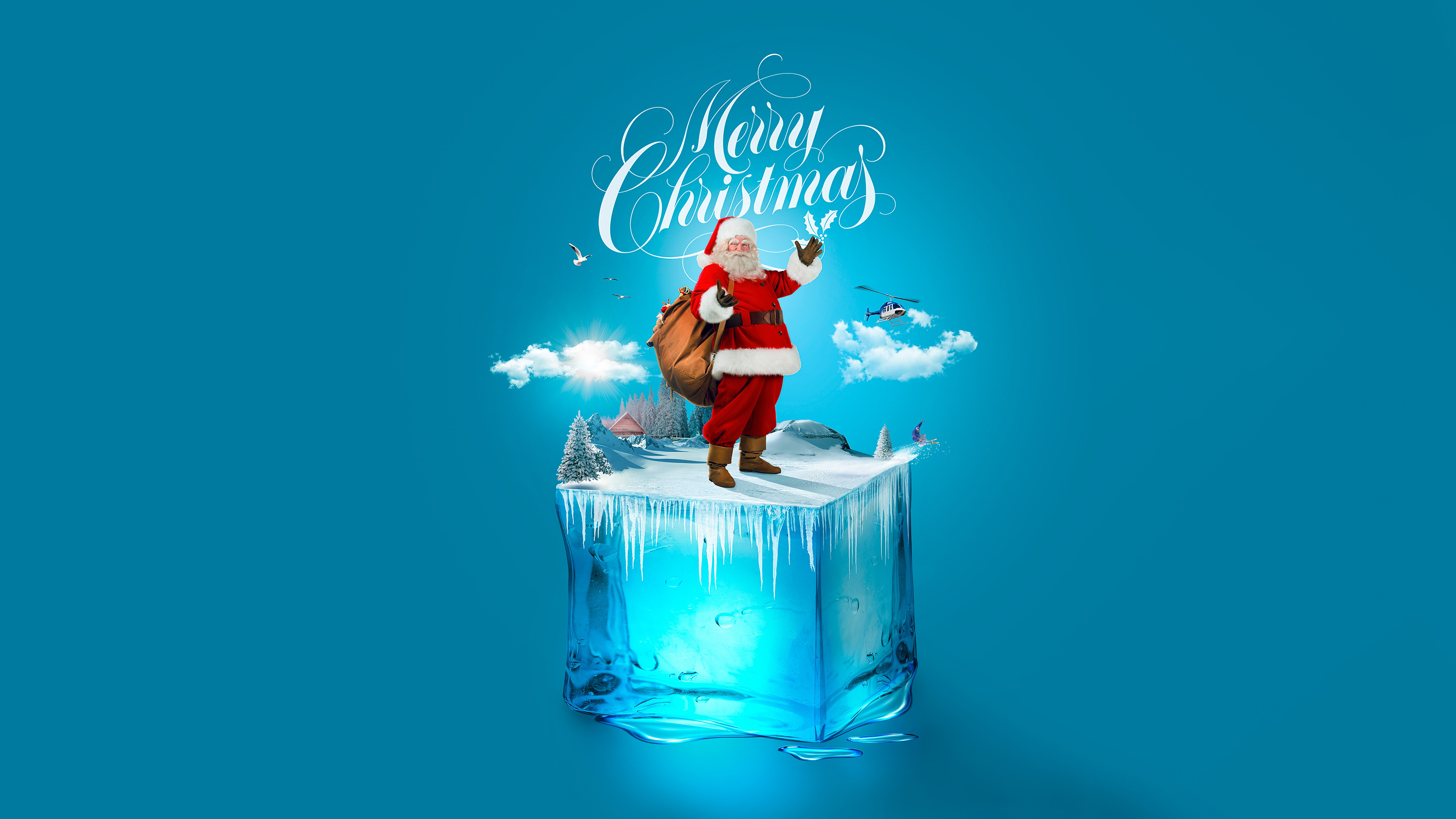 Papai Noel, Cubo de gelo, 5K, Surreal, Ciano estético, Fundo ciano, Navidad, Noel