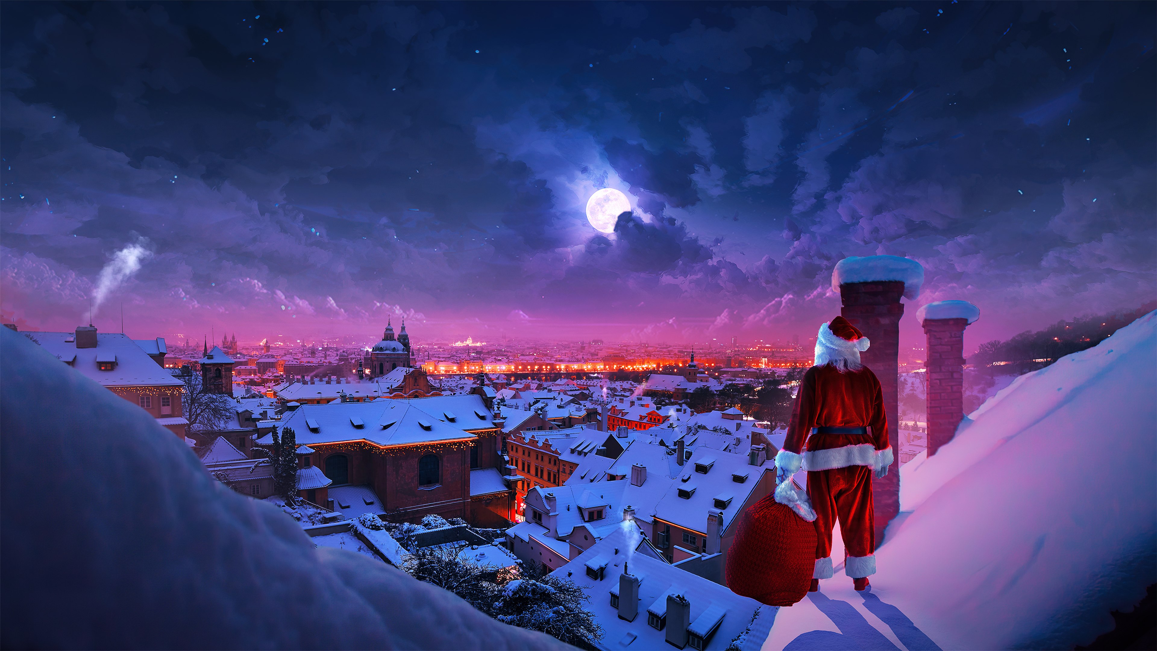 Papai Noel, Véspera de Natal, Lua cheia, Inverno, Telhado, Natal estético, Dezembro