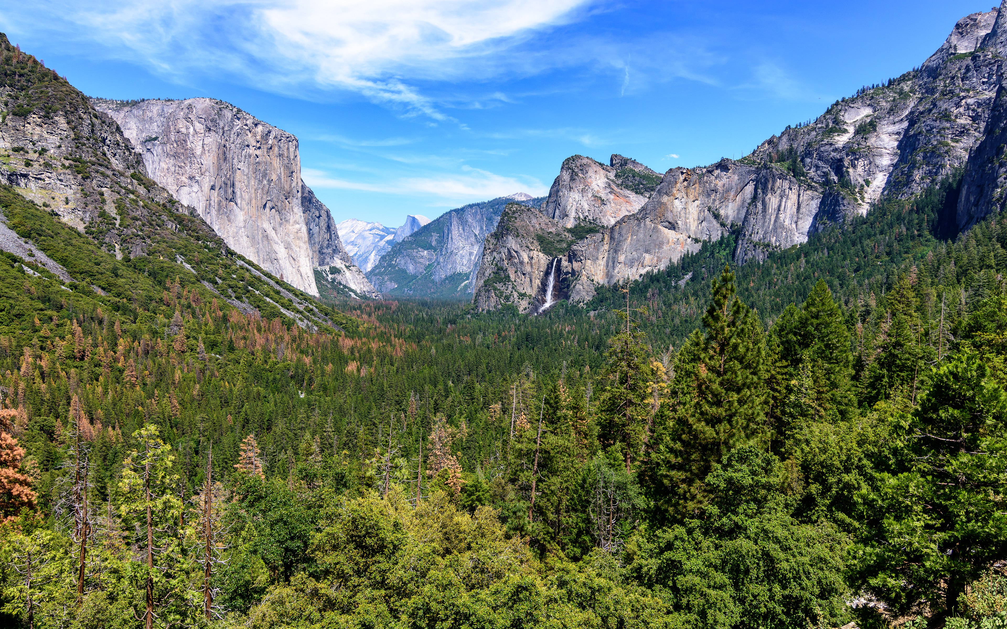 Parque Nacional de Yosemite, Montanhas, Califórnia, Céu azul, Vale, Paisagem, Árvores verdes, Cenário