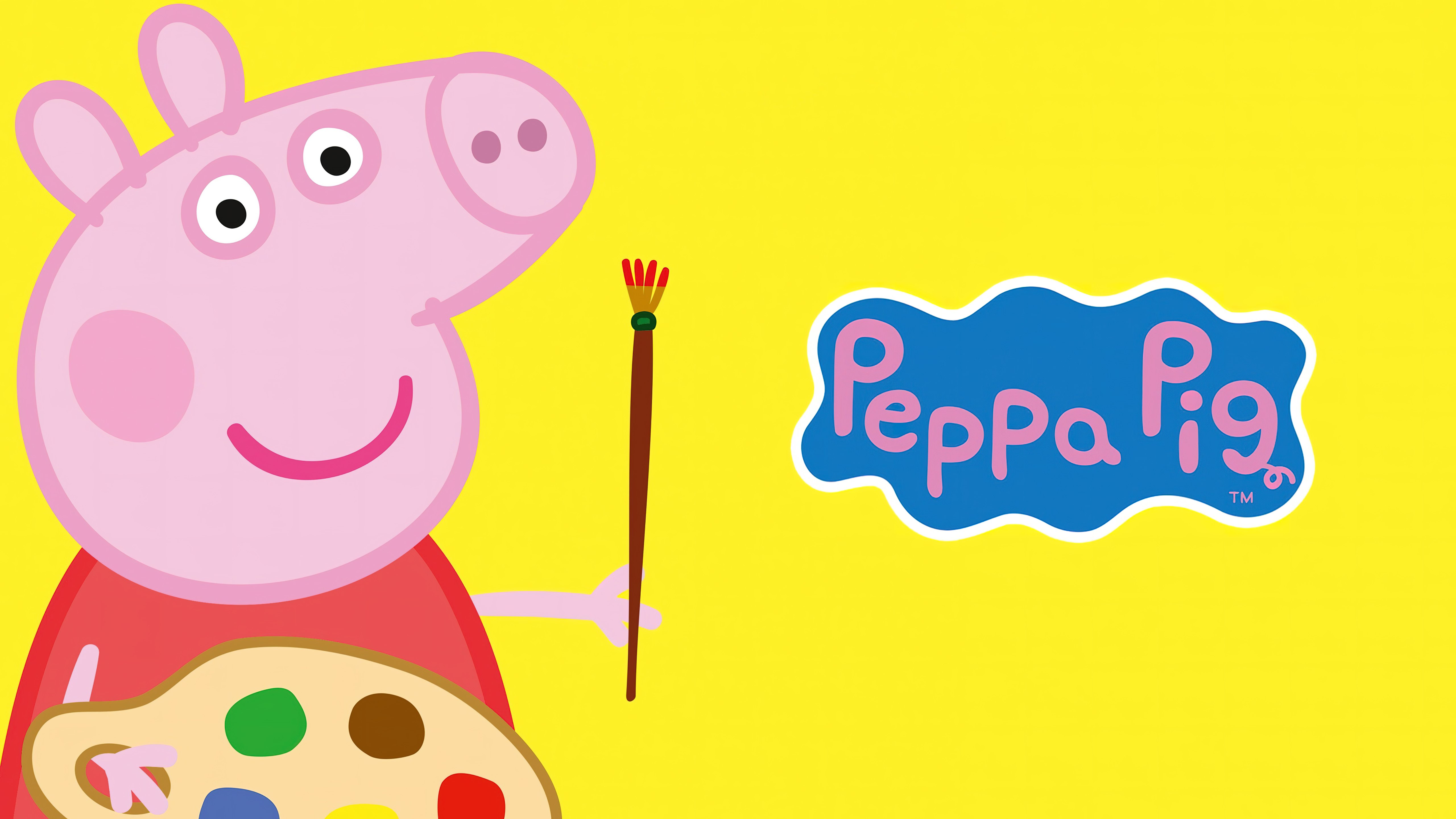 Peppa Pig, Programa de TV, Desenho animado, Fundo amarelo, Pincel, 5K