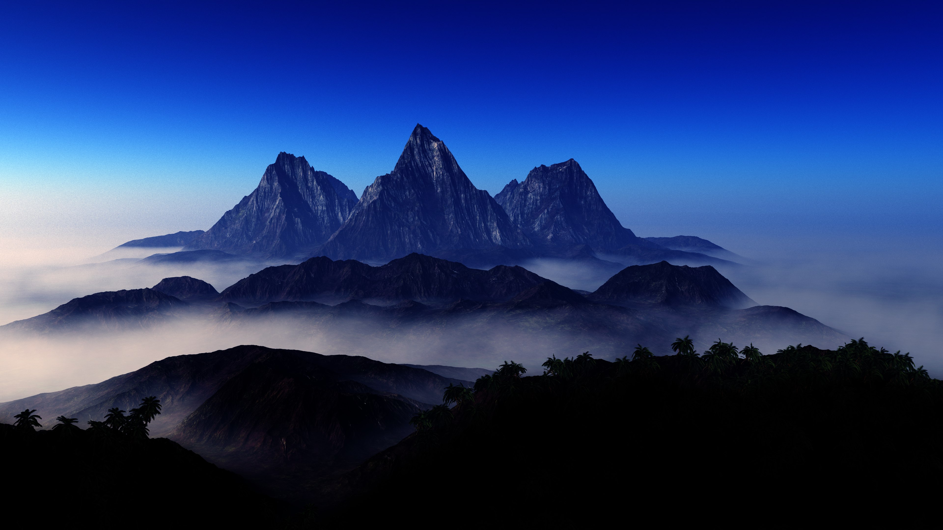 Picos de montanha, Nebuloso, Vista aérea, Céu azul, Paisagem, Cenário