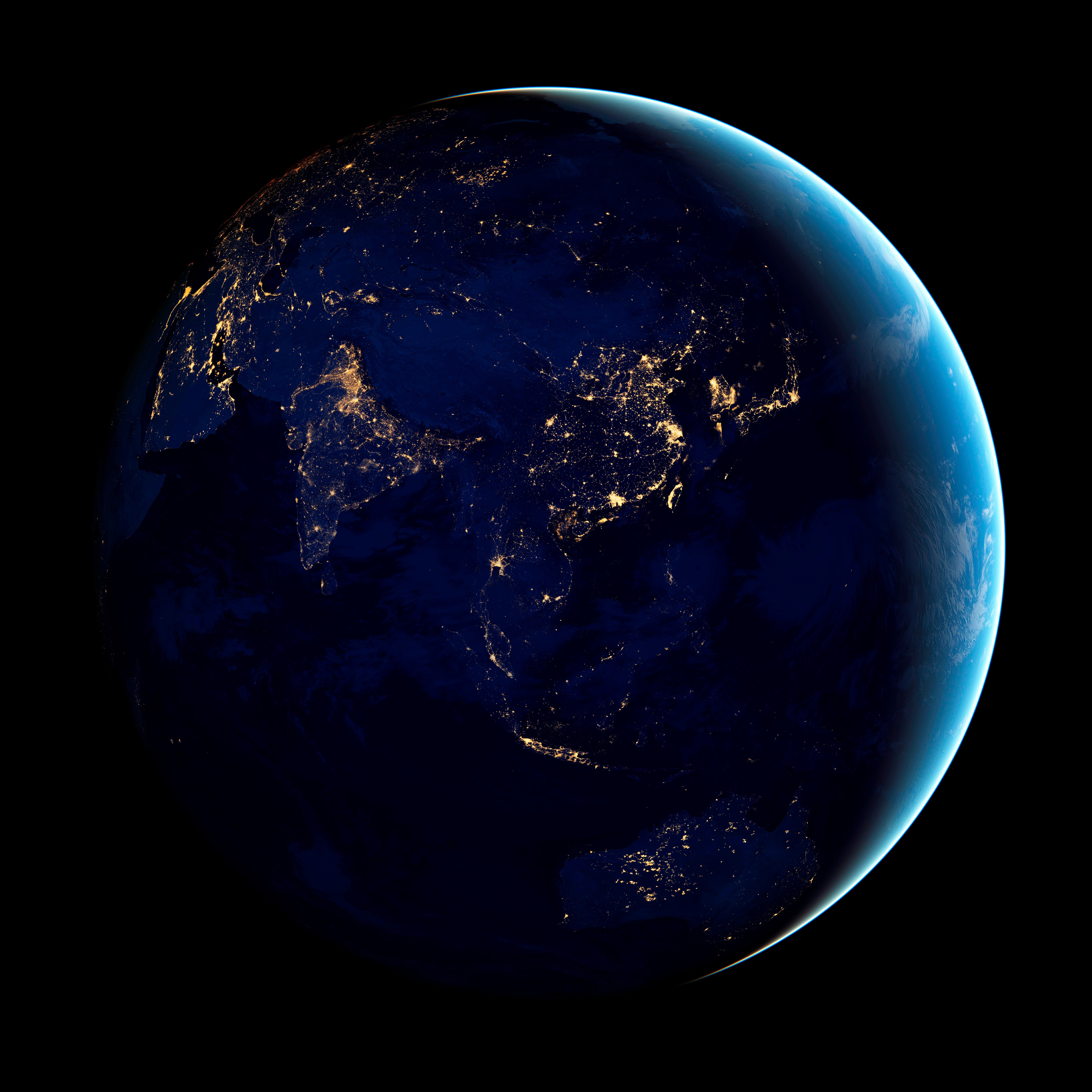 Planeta Terra, Índia, Ásia, Terra à noite, 5K, 8K, Fundo preto