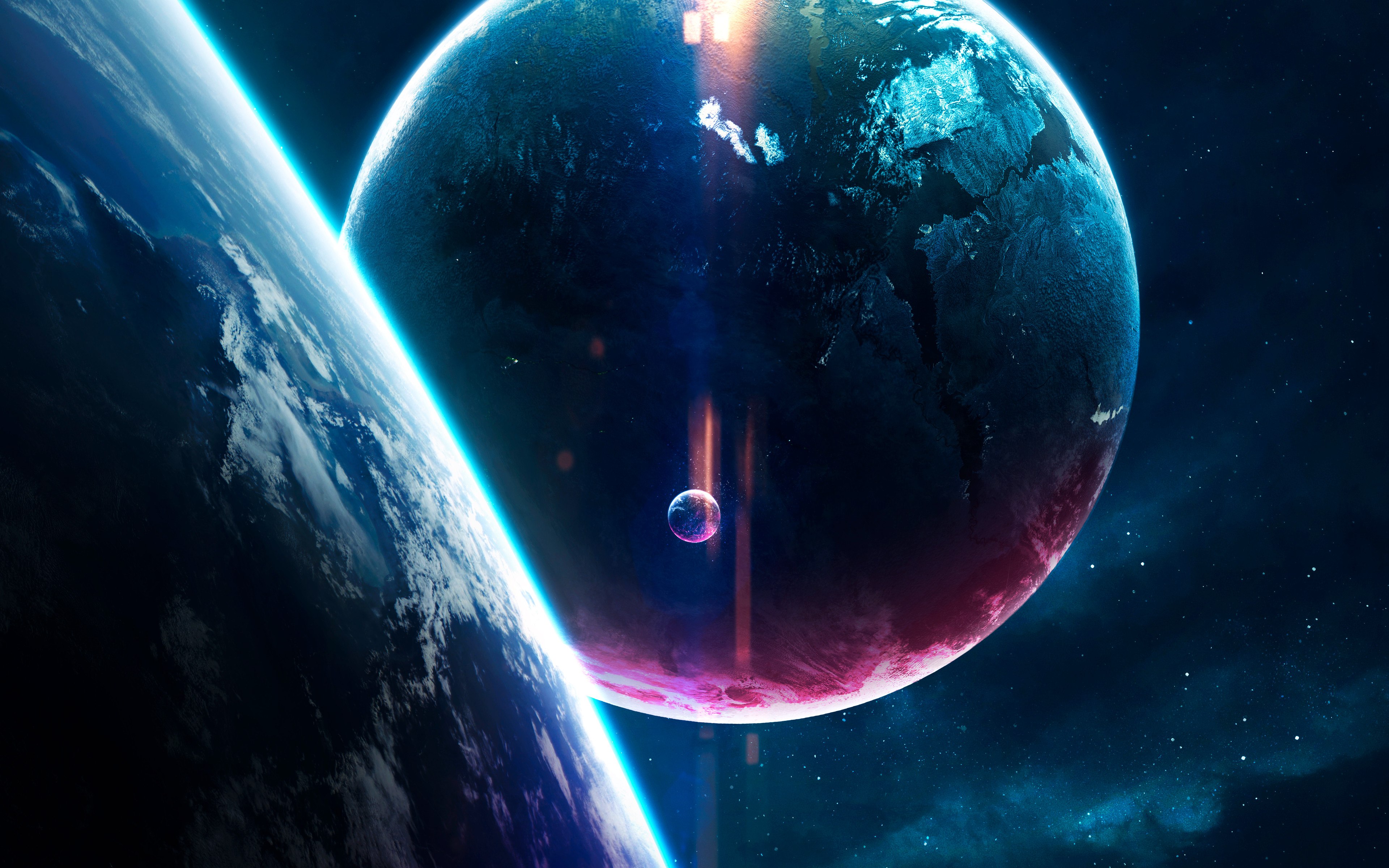 Planetas, Arte digital, Terra, Roxo, Azul, Estrelas, Horizonte