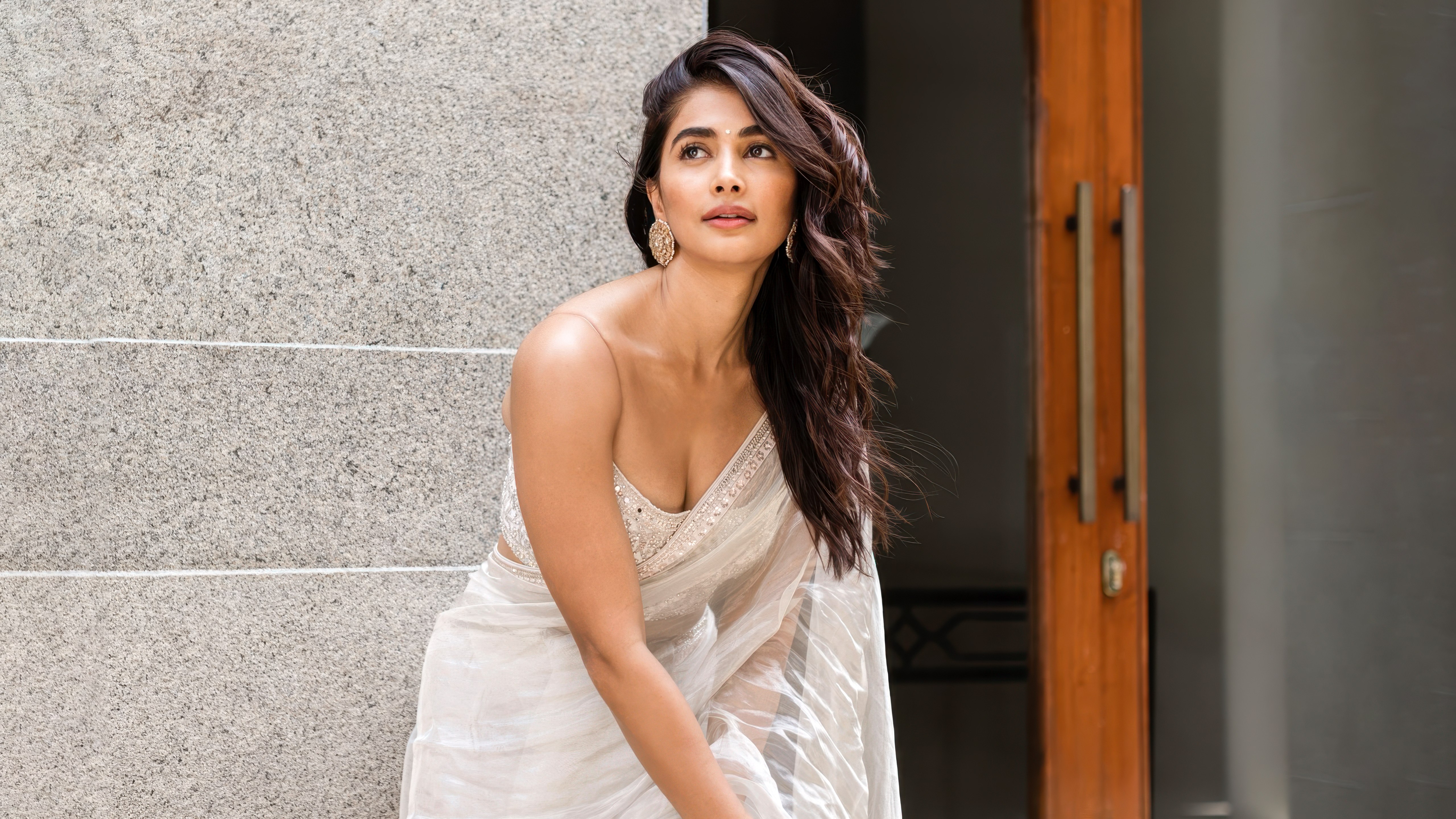 Pooja Hegde, Sari branco, Atriz indiana, 5K