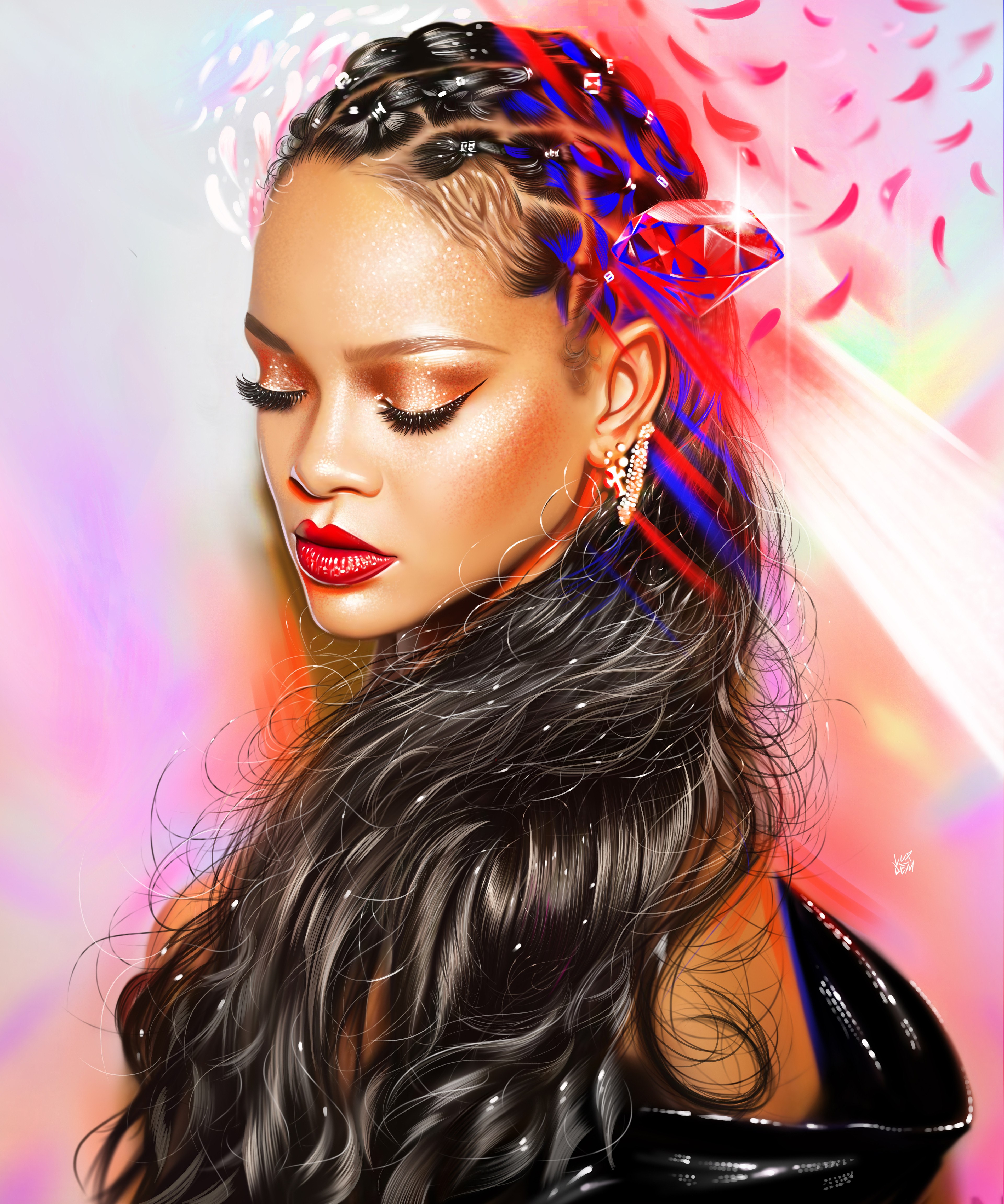 Rihanna, Arte digital, Cantora barbadiana, Retrato, Pintura, Colorido, Vívido, Mágica, Ilustração