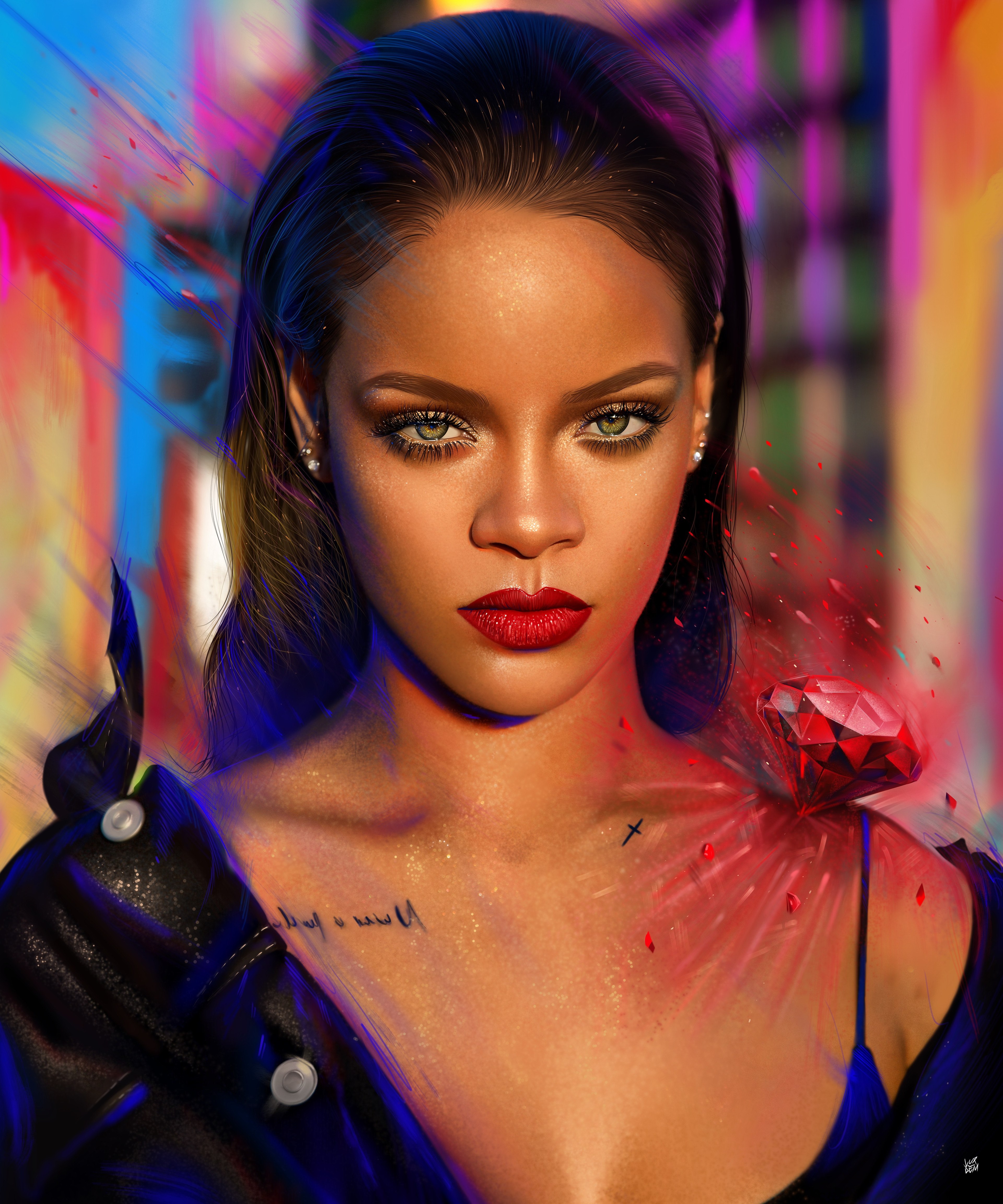 Rihanna, Ilustração, Cantora barbadiana, Retrato, Pintura, Colorido, Vívido, Mágica