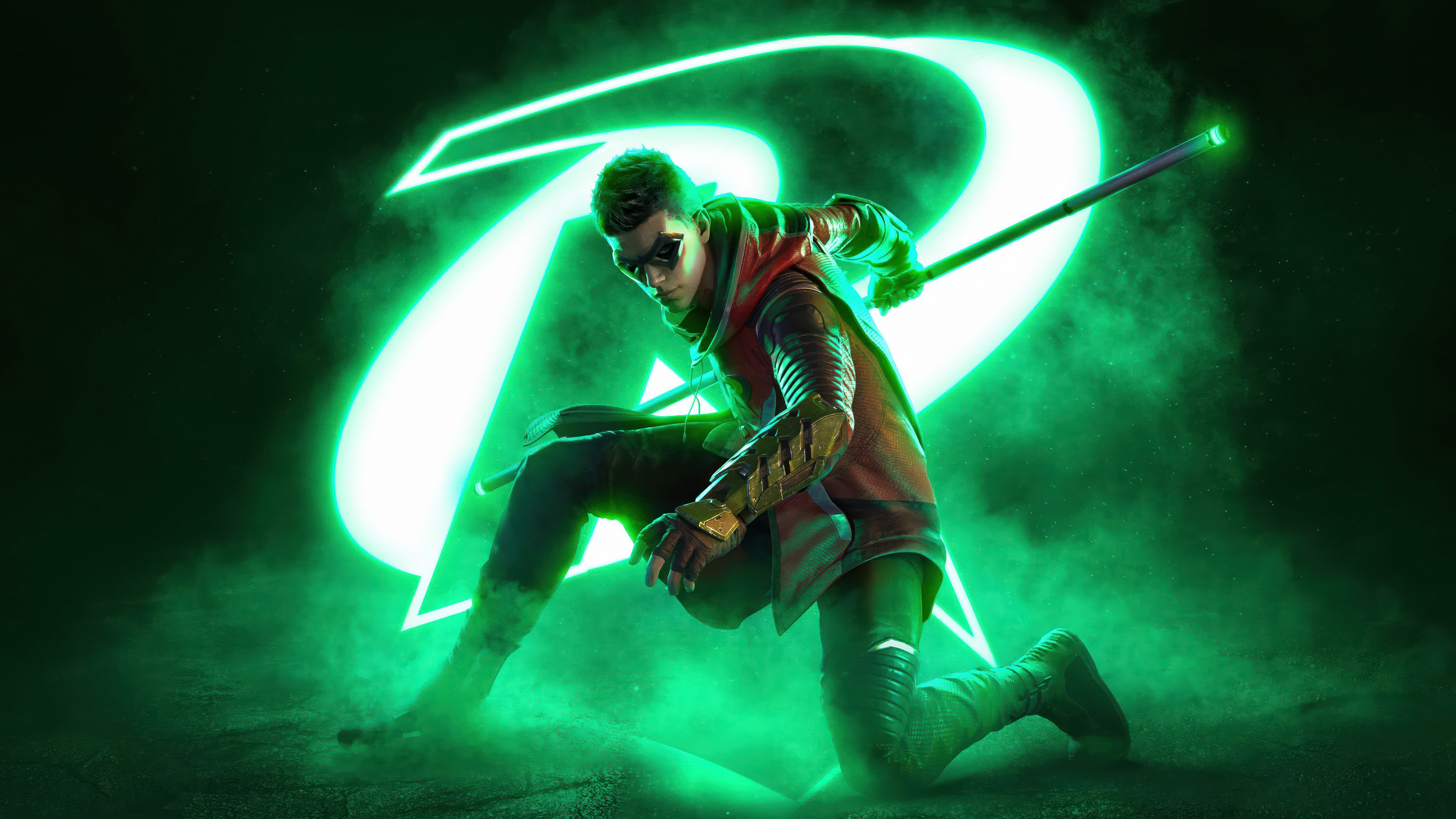Robin, Estética verde, Gotham Knights, 5K, Fundo verde, 5K, Super-heróis da DC, Verde neon