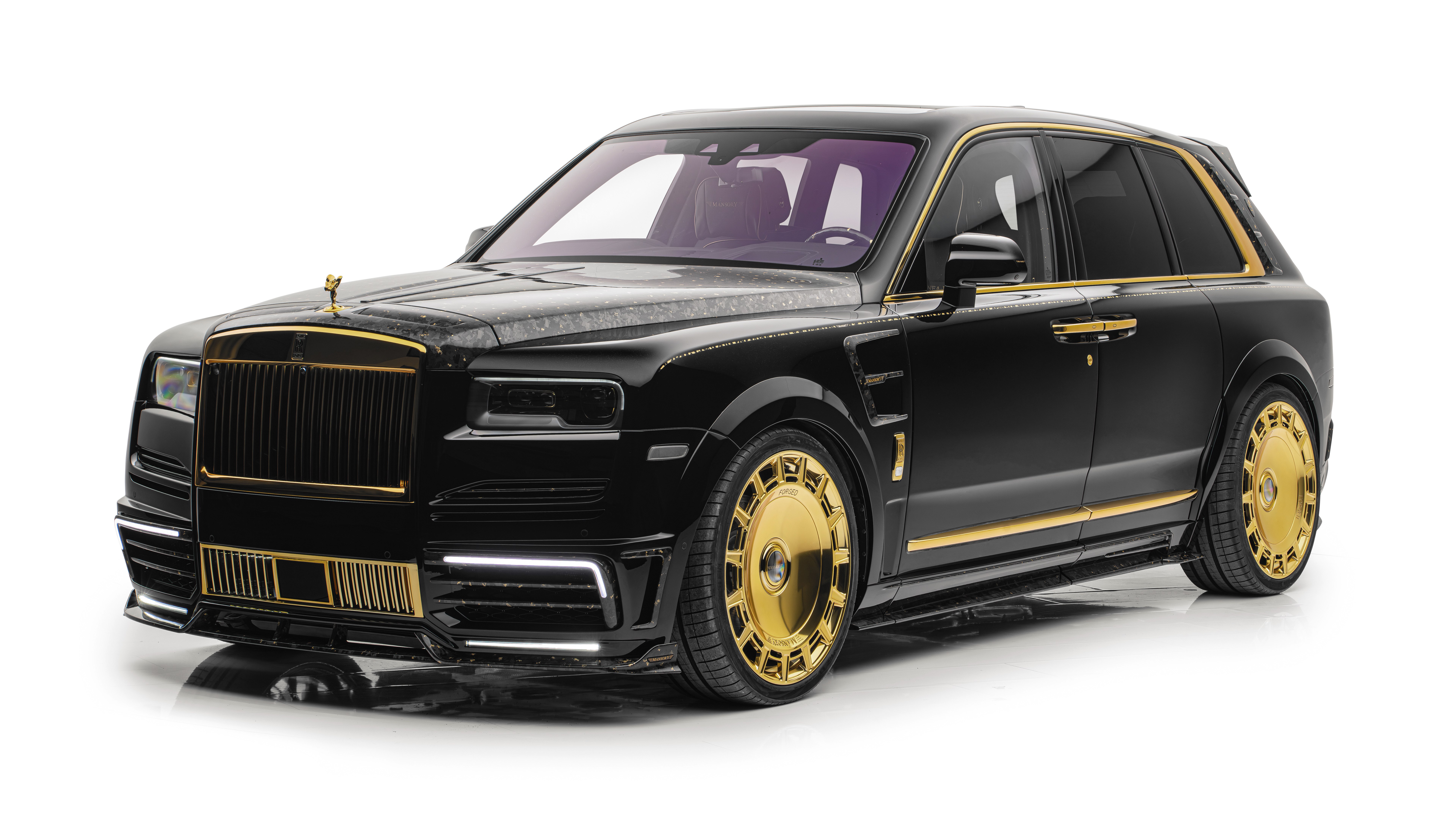 Rolls-Royce Cullinan, Mansory, 2024, 5K, 8K, Carros pretos, Fundo branco