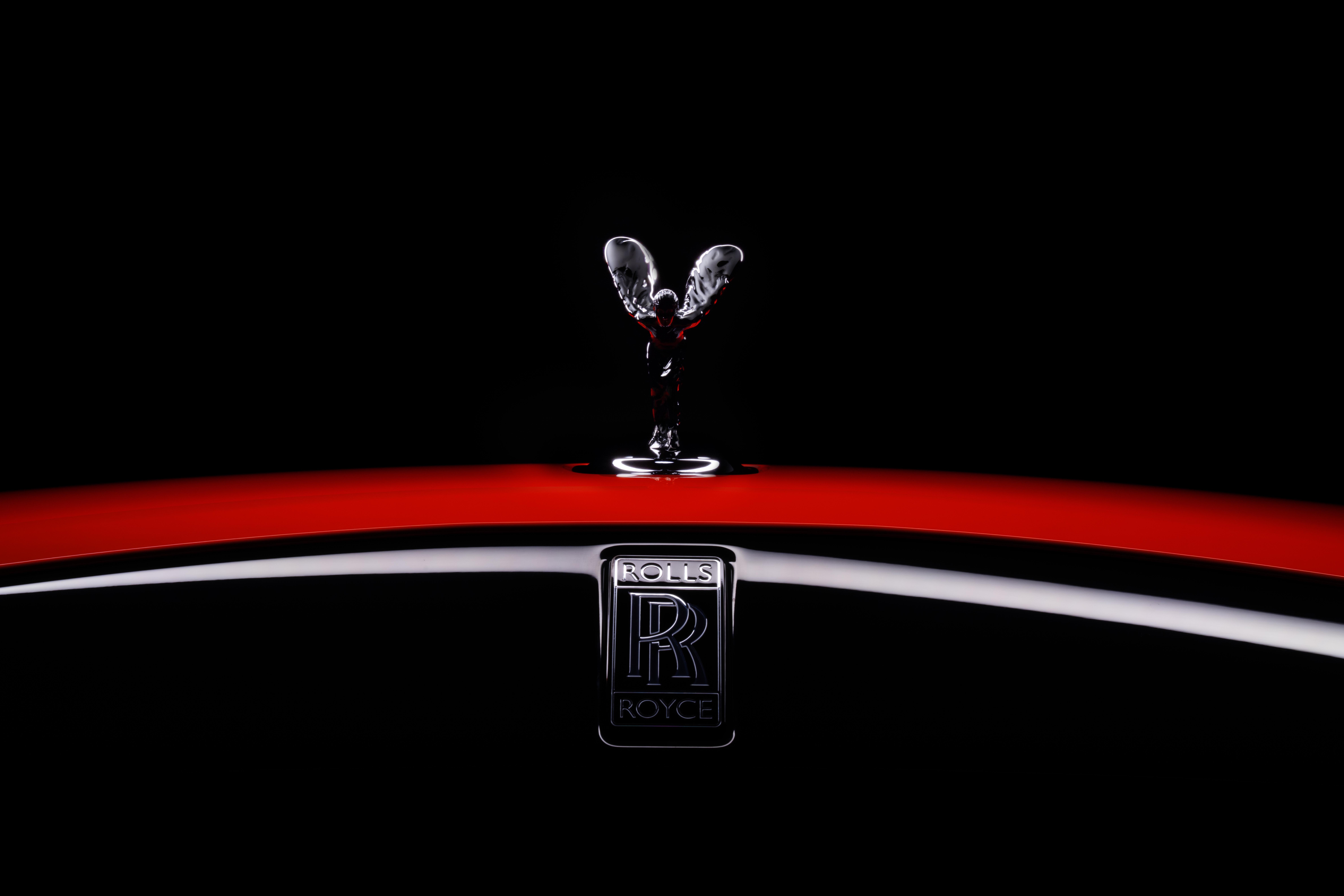 Rolls-Royce Dawn Black Badge, Spirit of Ecstasy, 2021, Fundo preto, AMOLED, 5K, 8K