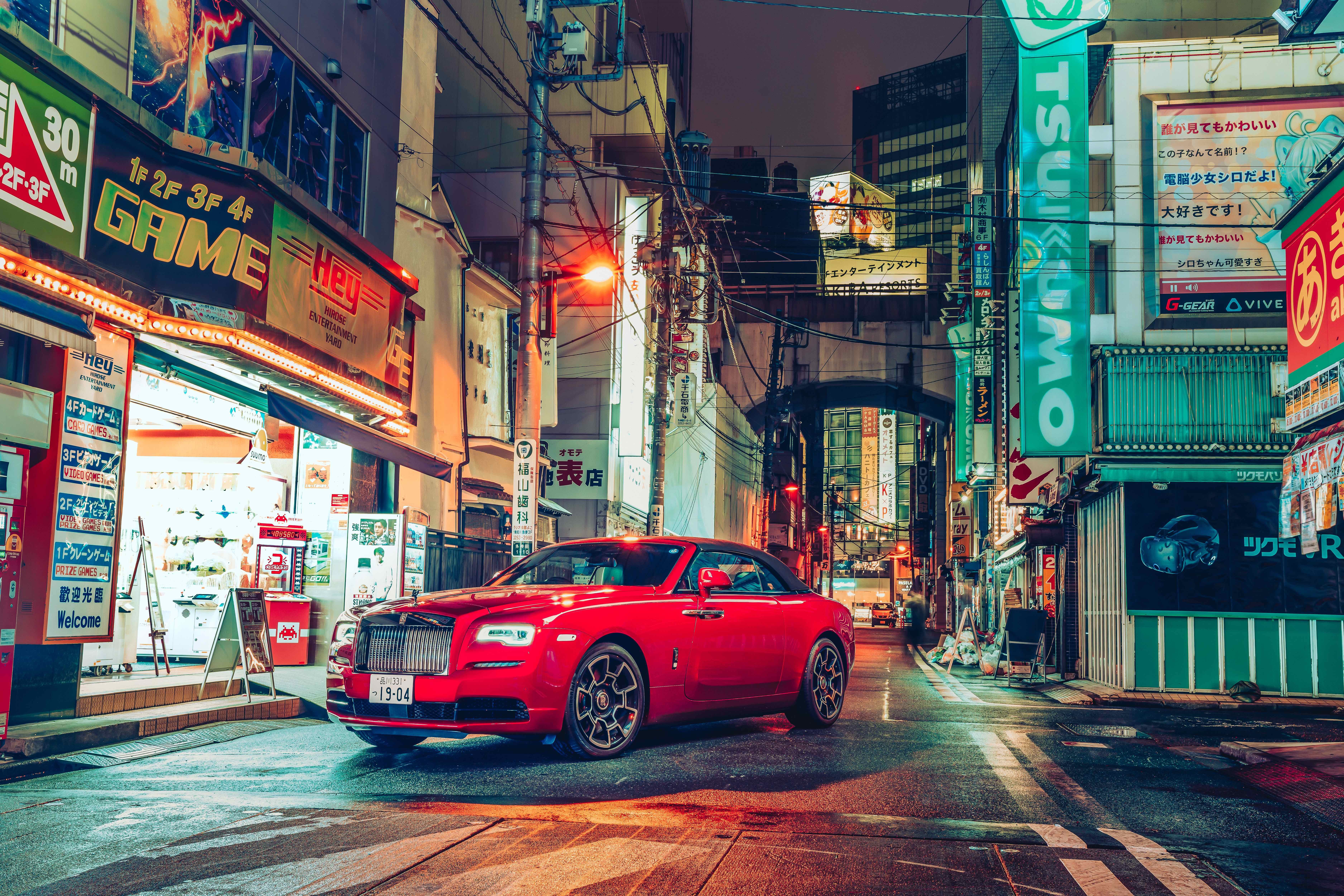 Rolls-Royce Dawn Black Badge, Tóquio, 2021, Paisagem urbana, Noite, Ruas, Luzes, 5K, 8K