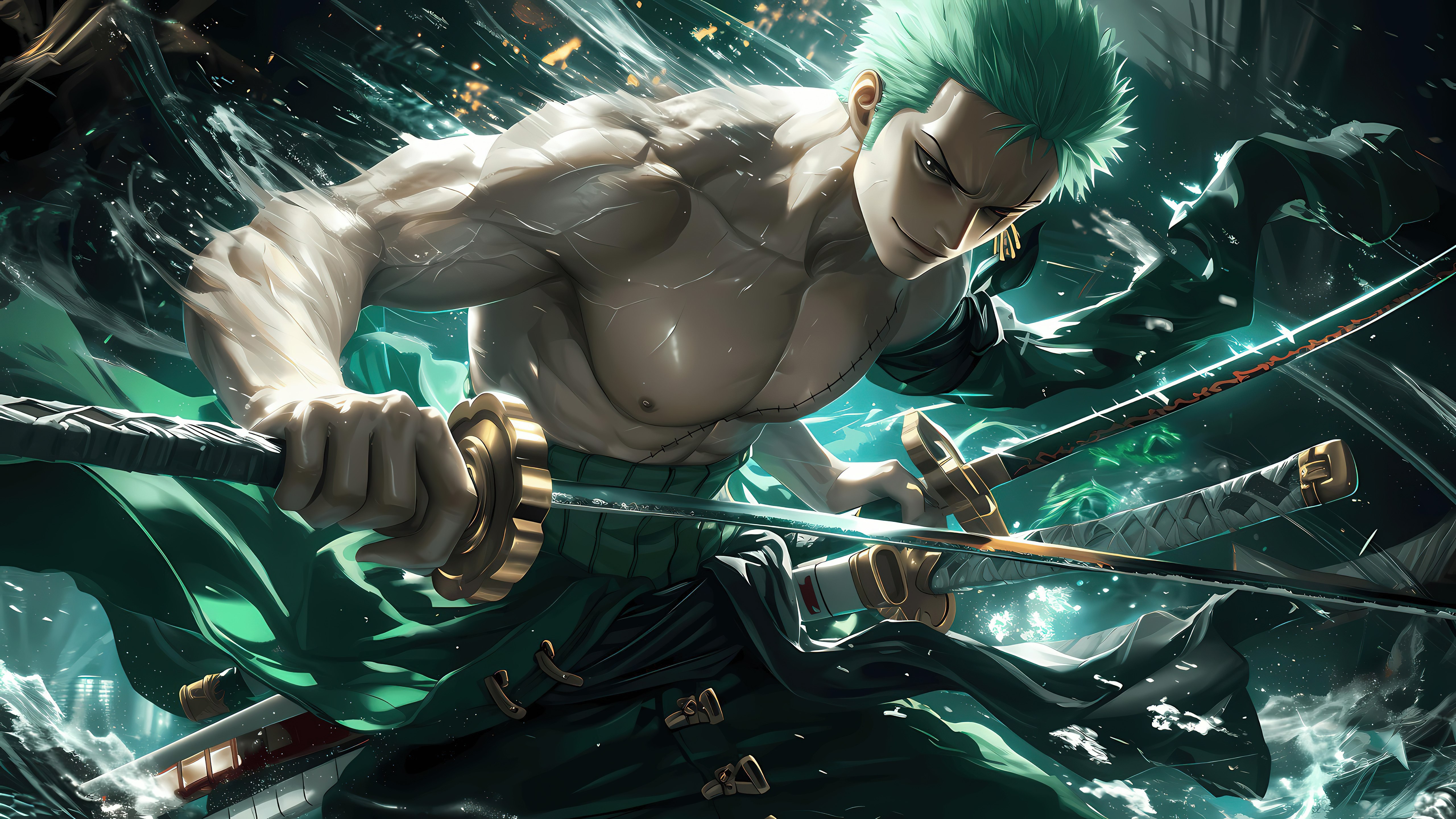 Roronoa Zoro, Espada, 5K, One Piece, Verde