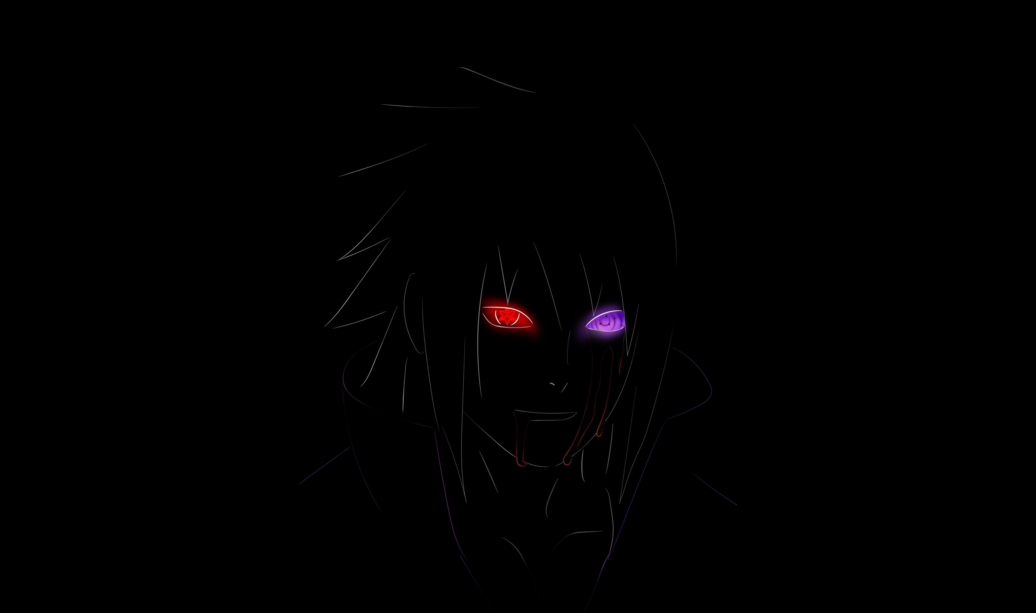 Sasuke Uchiha, Naruto, AMOLED, Fundo preto, Arte minimalista, Olhos brilhantes, Poder