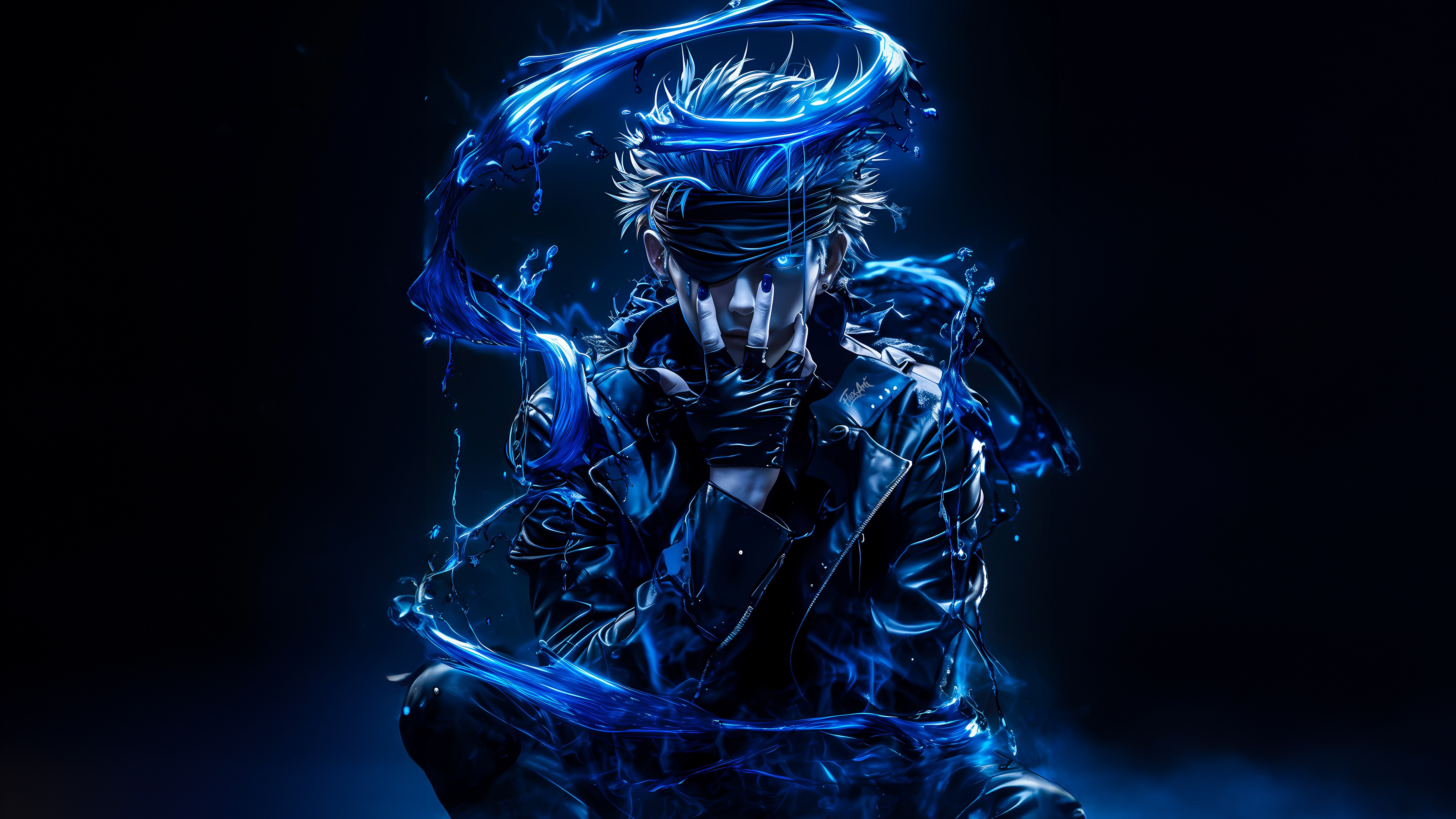 Satoru Gojo, Estética azul, Azul escuro, Fundo escuro, 5K, 8K, Jujutsu Kaisen