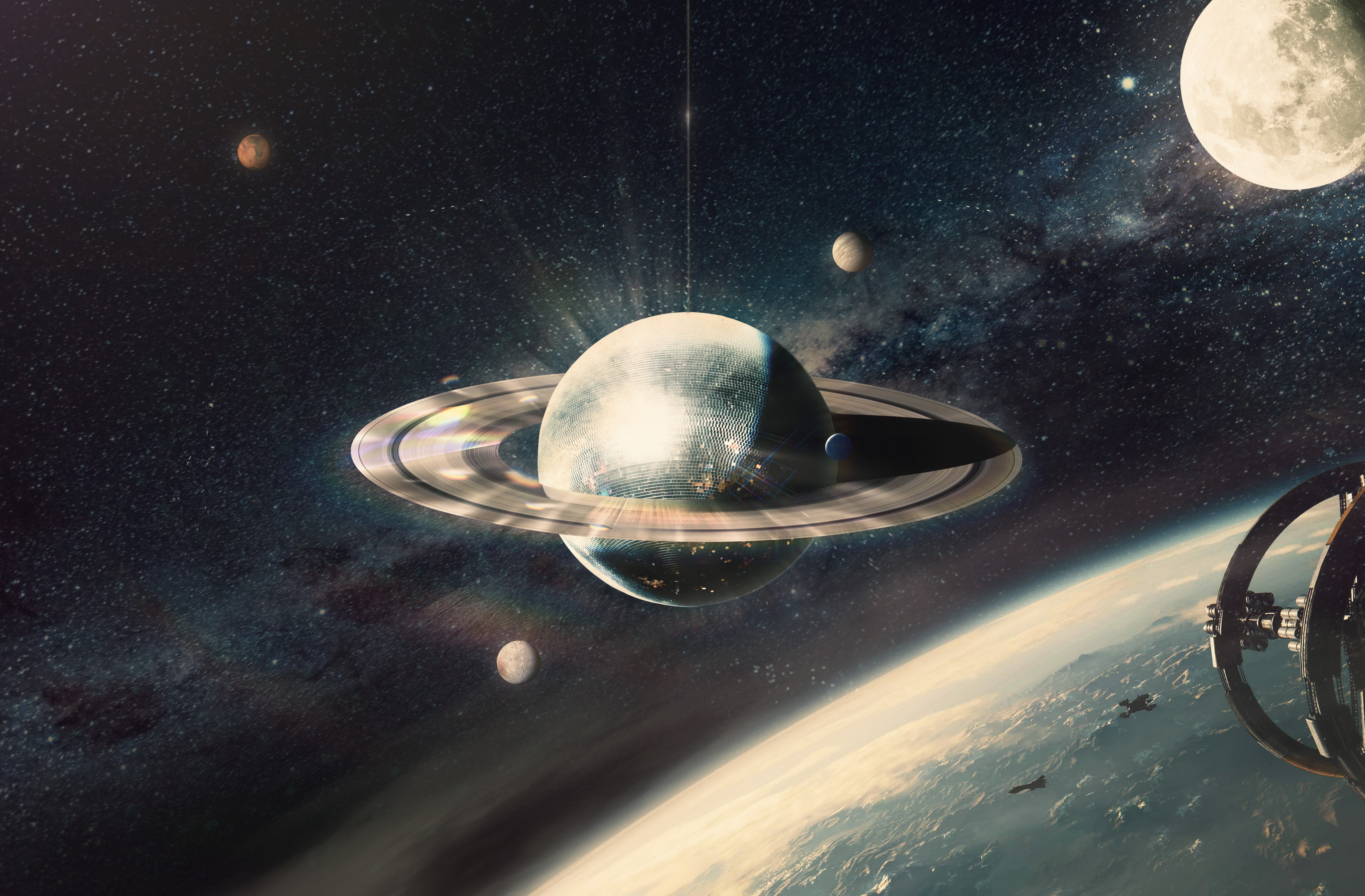 Saturno, Sistema solar, Lua, Surreal, 5K, Planetas, Anéis planetários, Anéis de Saturno