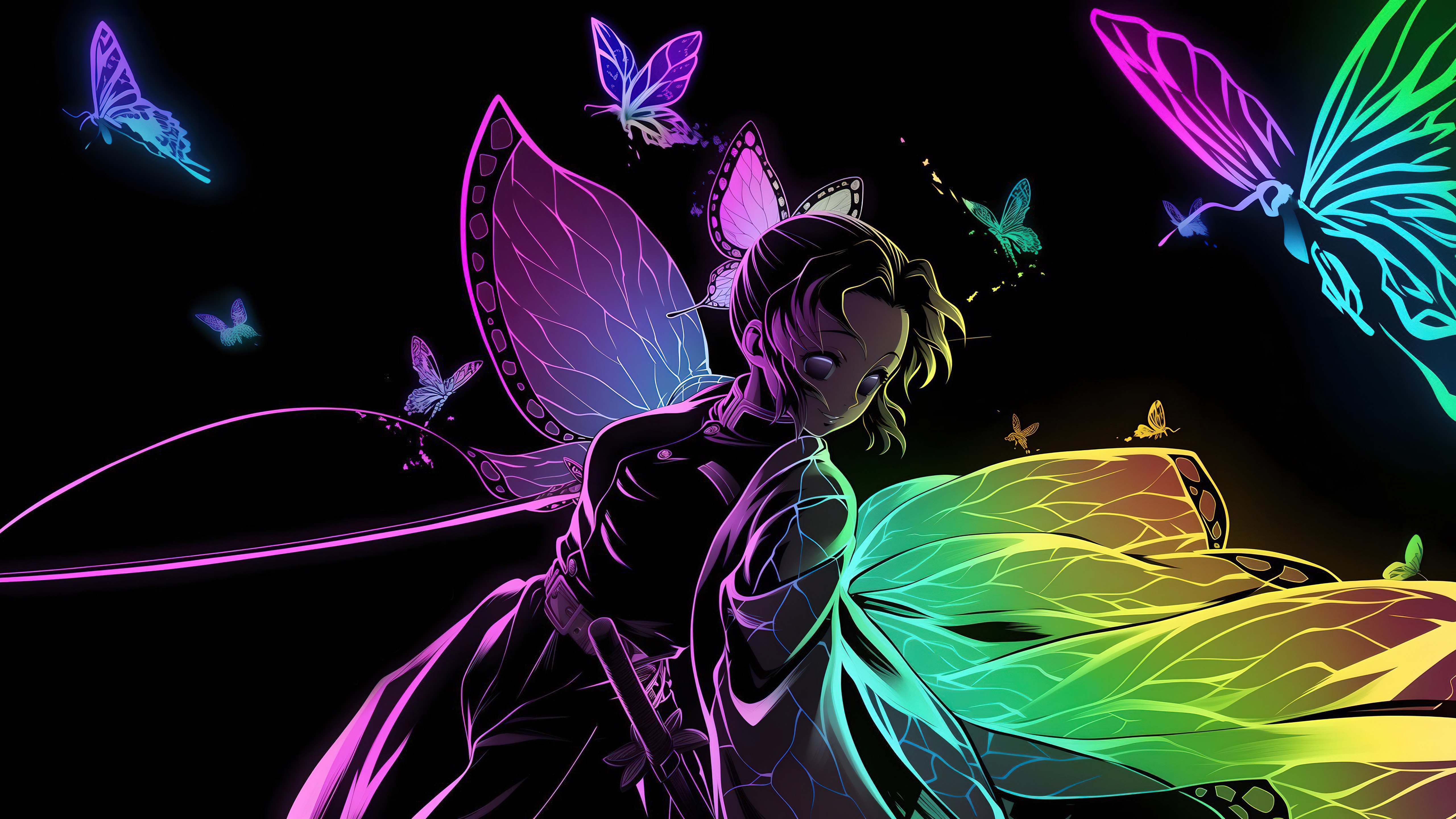 Shinobu Kocho, Arte colorida, AMOLED, 5K, Fundo preto, Demon Slayer: Kimetsu no Yaiba
