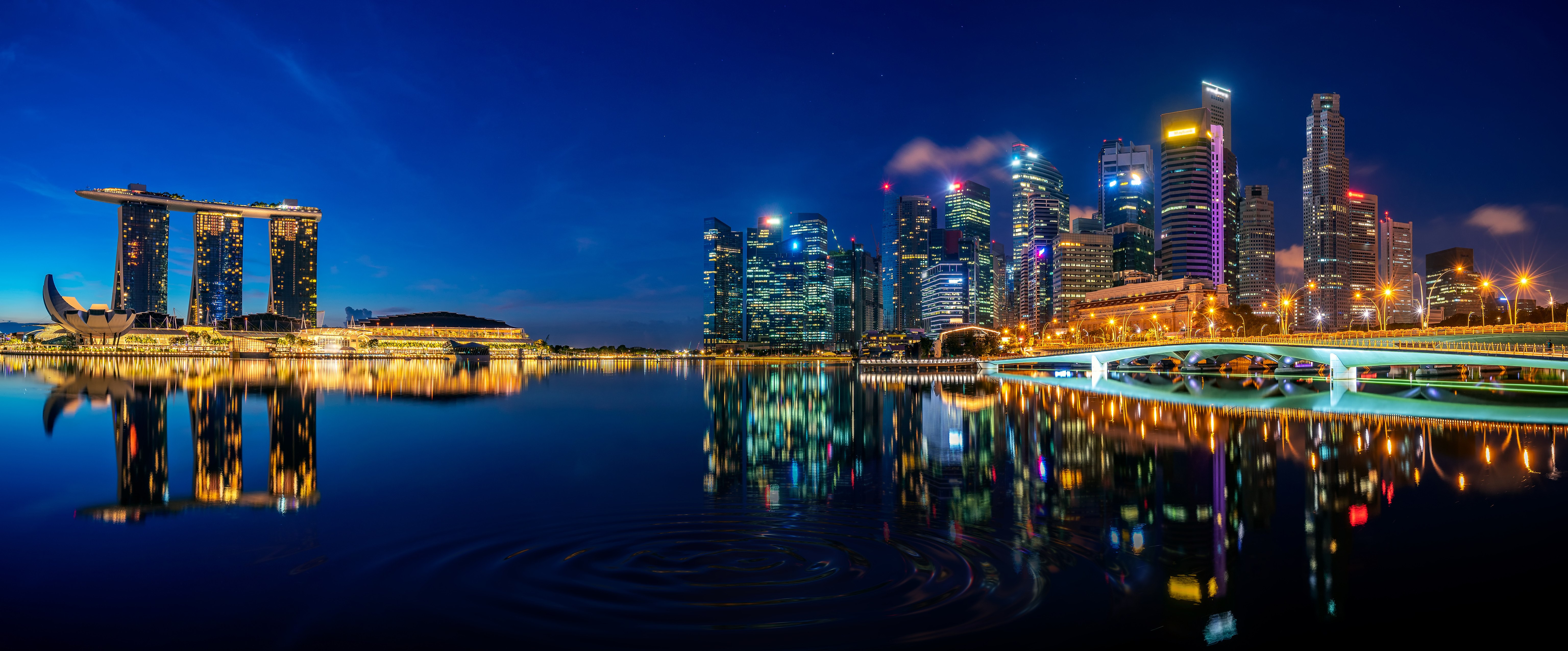 Singapura, Marina Bay Sands, Centro da cidade, Paisagem urbana, Luzes da cidade, Noite, Reflexos, Linha do horizonte, 5K