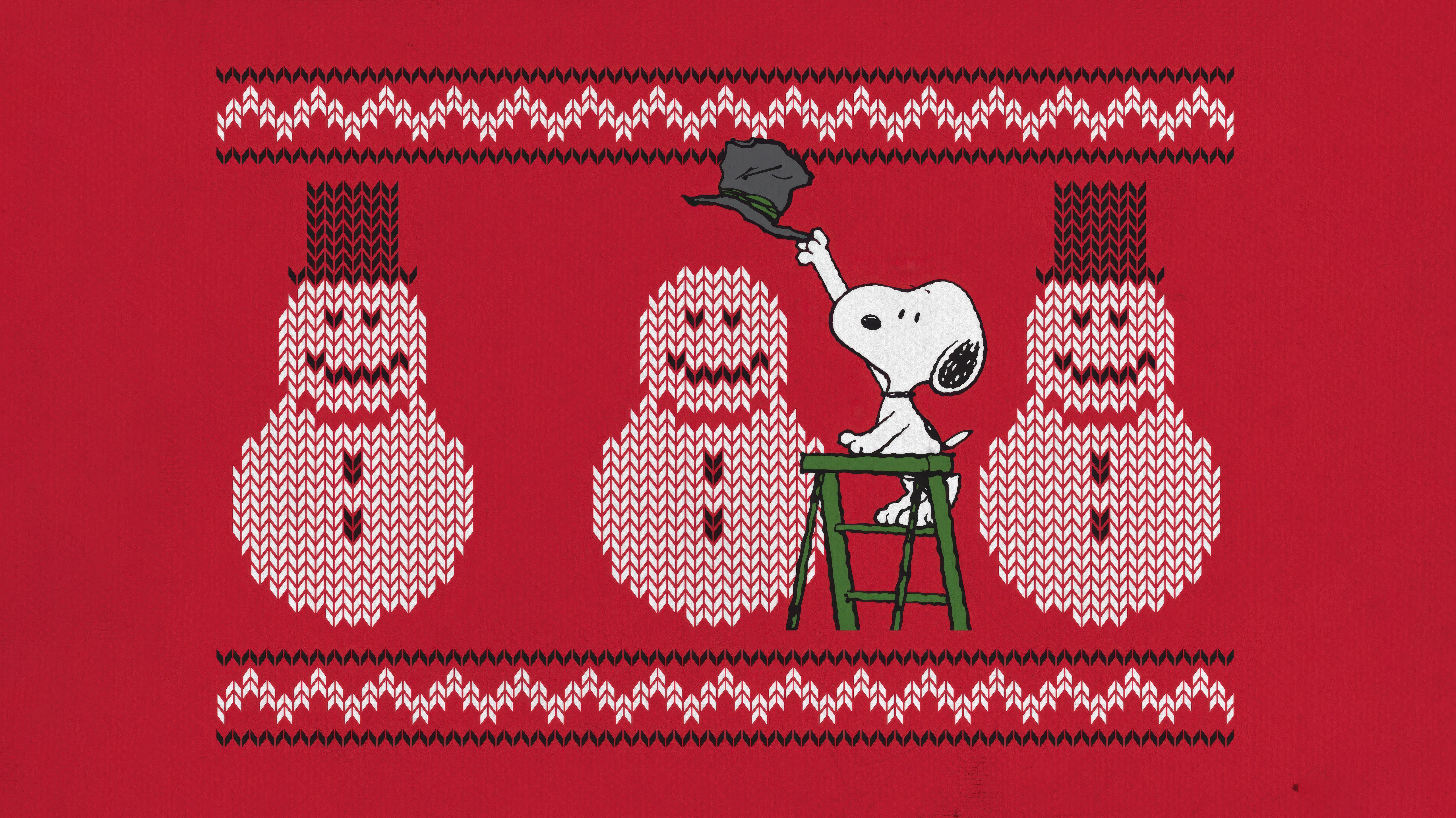 Snoopy, Boneco de neve, Fundo natalino, Fundo vermelho, 5K, Peanuts, Feliz, Desenho animado, Tricotado, Ilustração, Adorável, Alegre, Época festiva