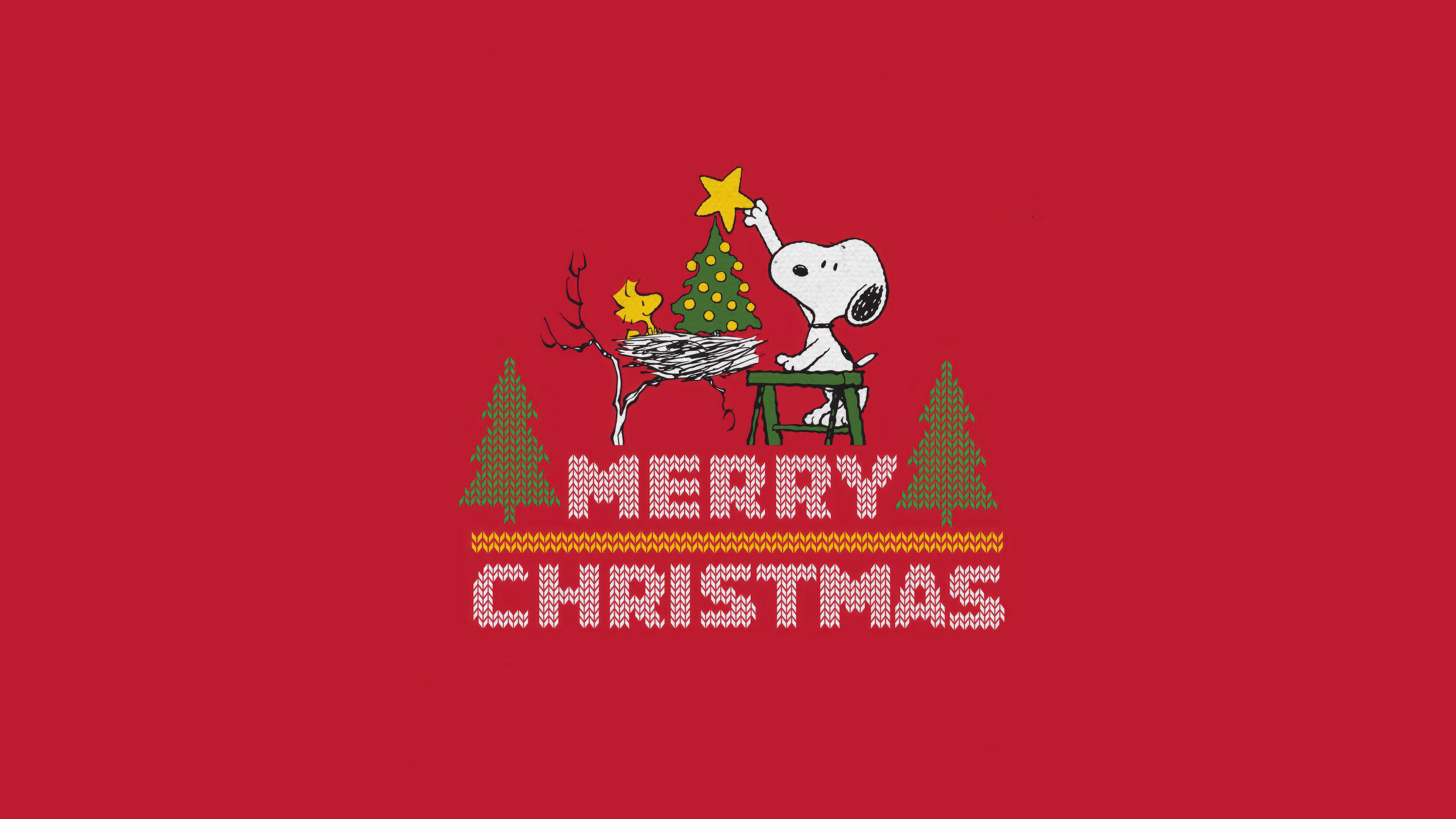 Snoopy, Feliz Natal, Fundo vermelho, 5K, 8K, Decoração de Natal, Woodstock, Dezembro
