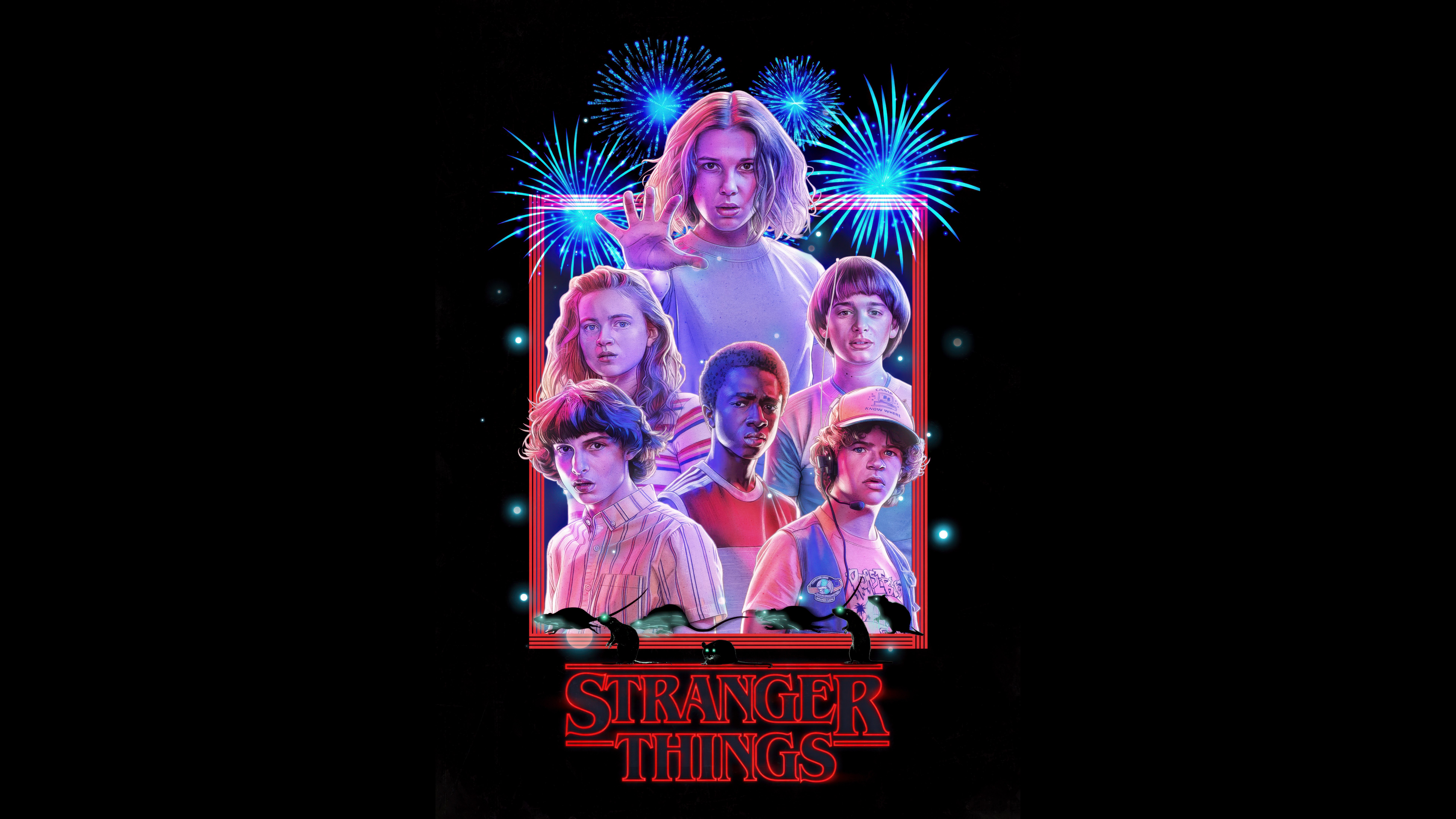 Stranger Things, Anos 80, Season 3, Key Art, Fundo preto, 5K, 8K, AMOLED, Arte neon