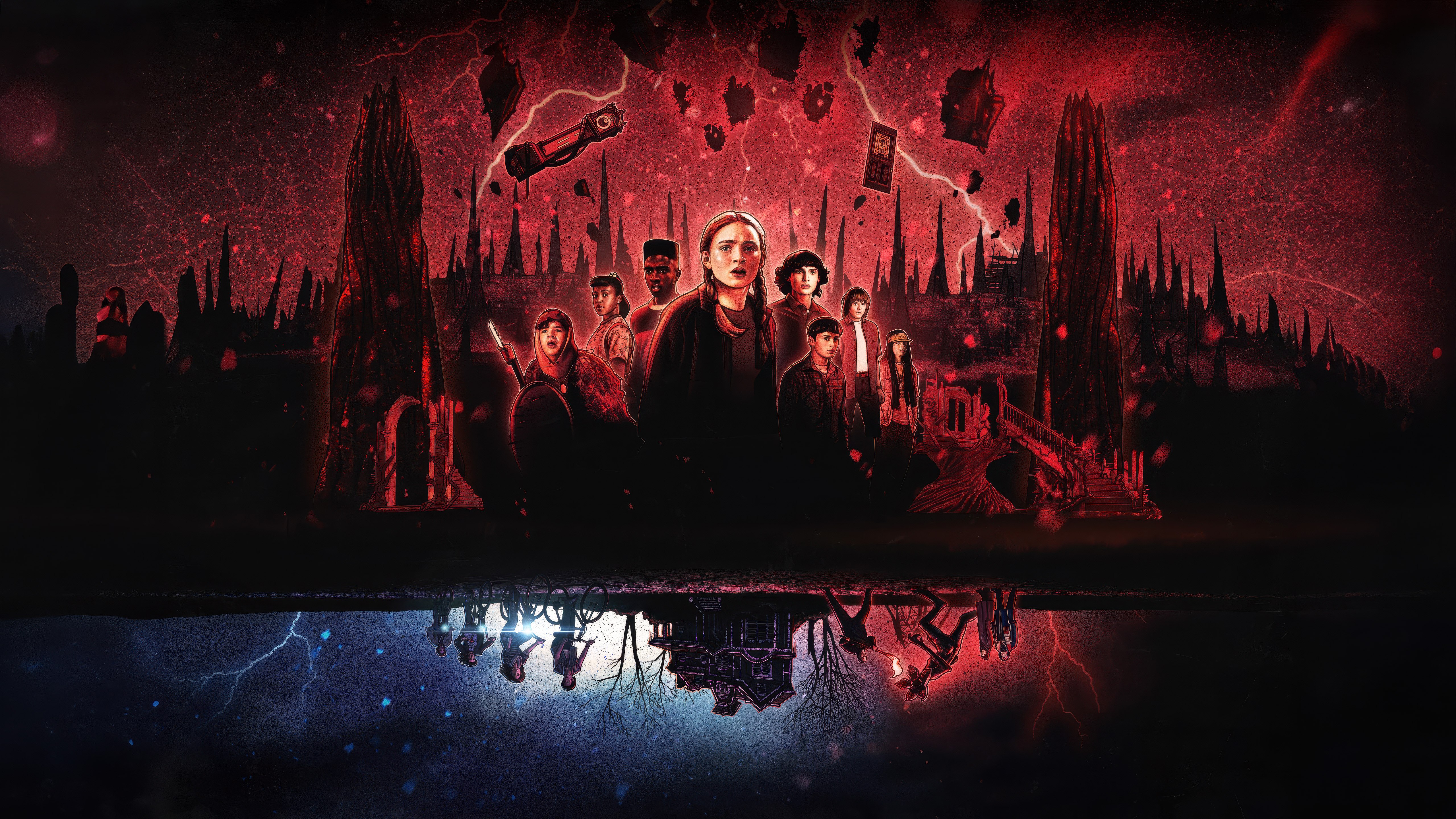 Stranger Things, Arte de personagem, Série da Netflix, 5K, Reflexo, Fundo vermelho