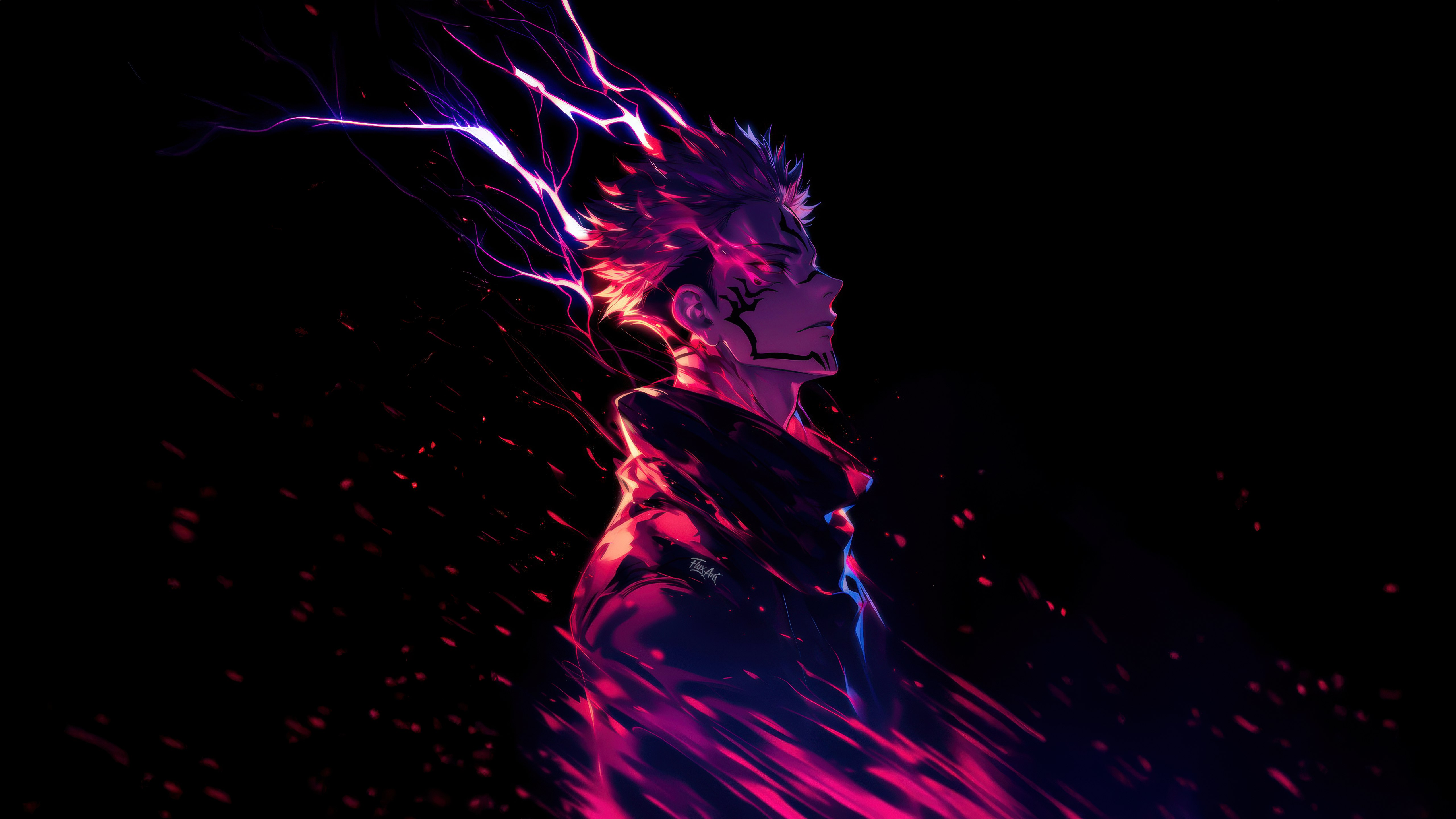 Sukuna, Elétrico, Jujutsu Kaisen, Rosa neon, AMOLED, Fundo preto, Brilho neon