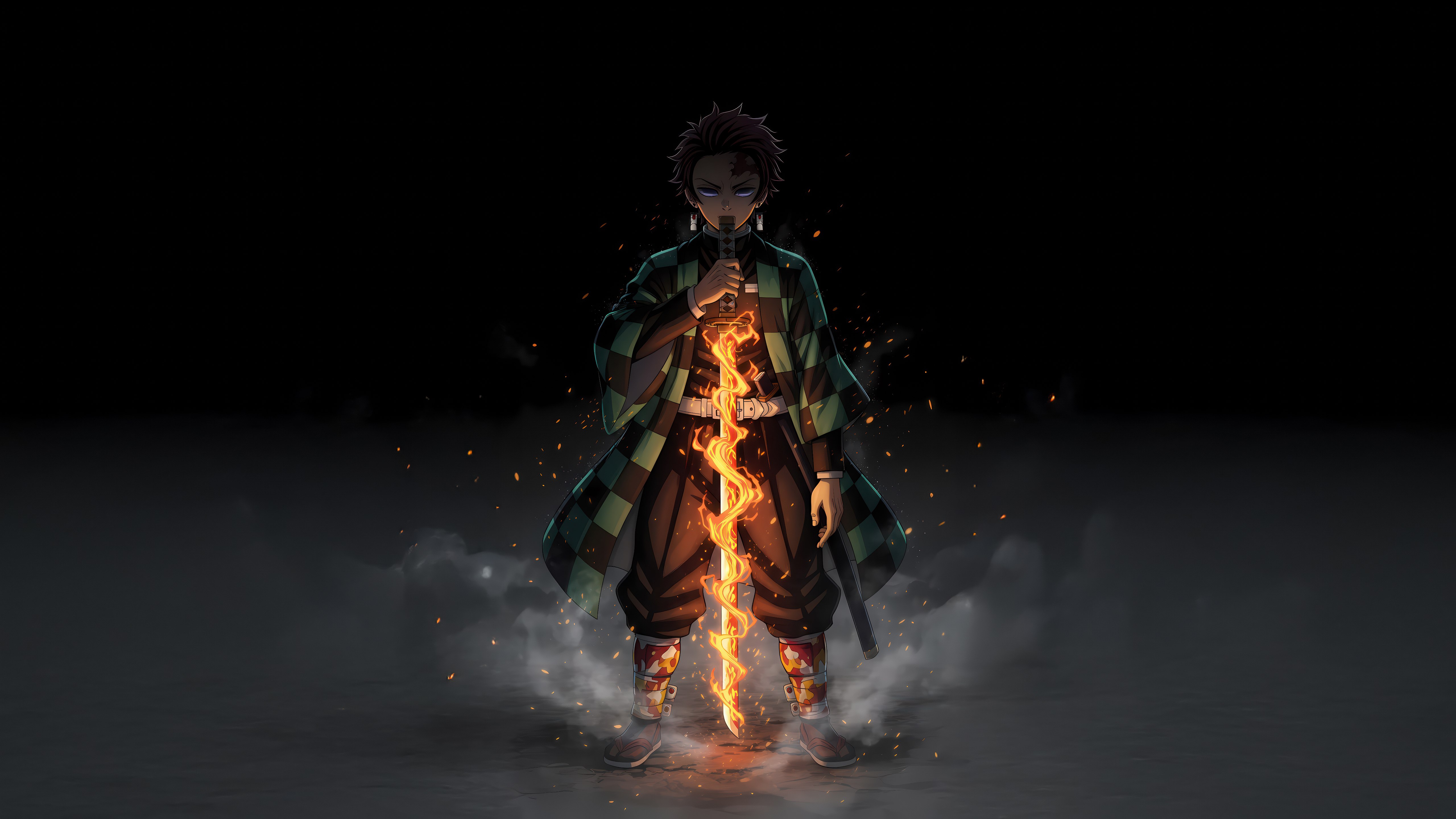 Tanjiro Kamado, Efeito de fogo, Fundo escuro, 5K, Hinokami Kagura, Demon Slayer: Kimetsu no Yaiba