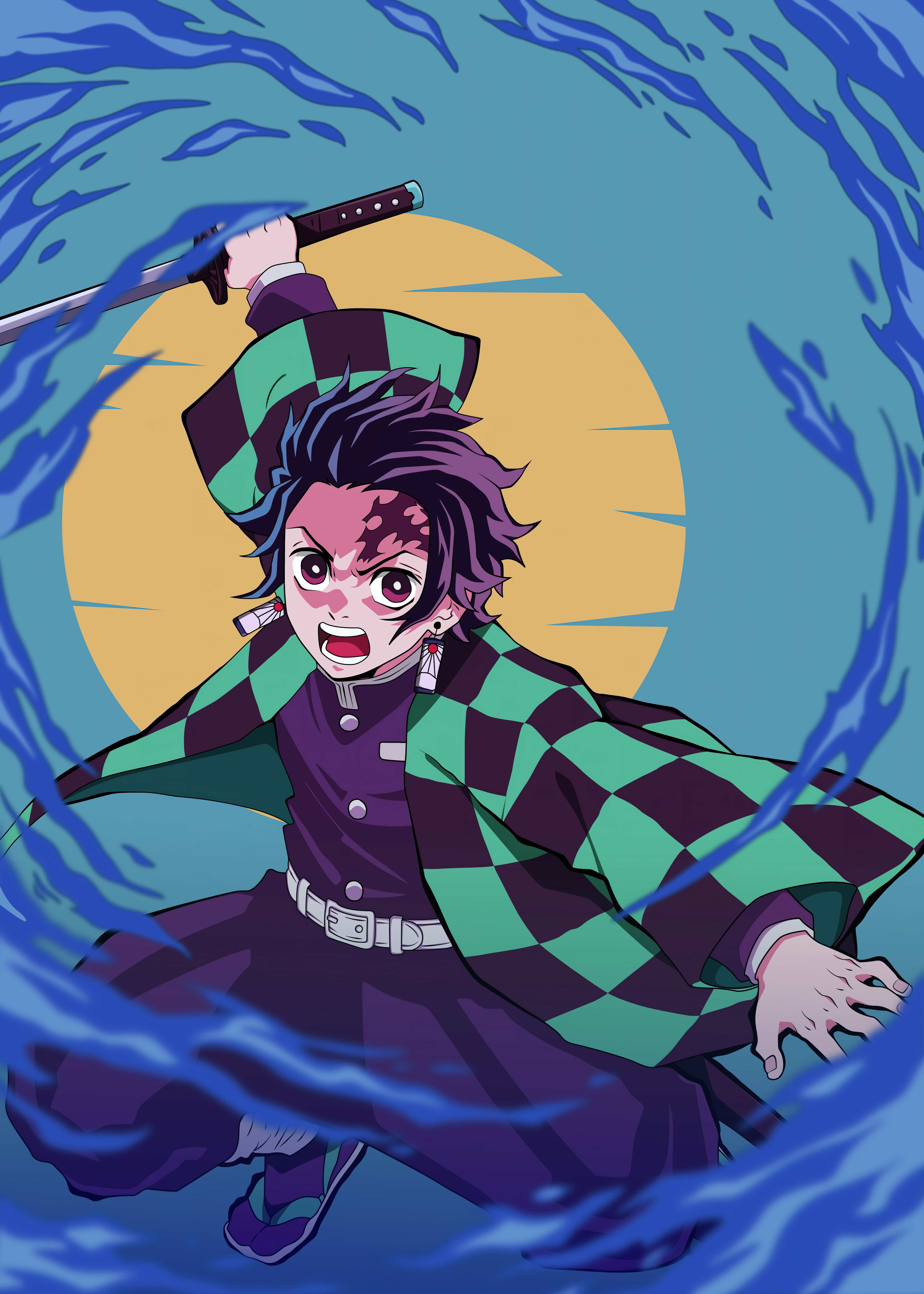 Tanjiro Kamado, Respiração da Água, Demon Slayer: Kimetsu no Yaiba, 5K, Desenho, Ilustração