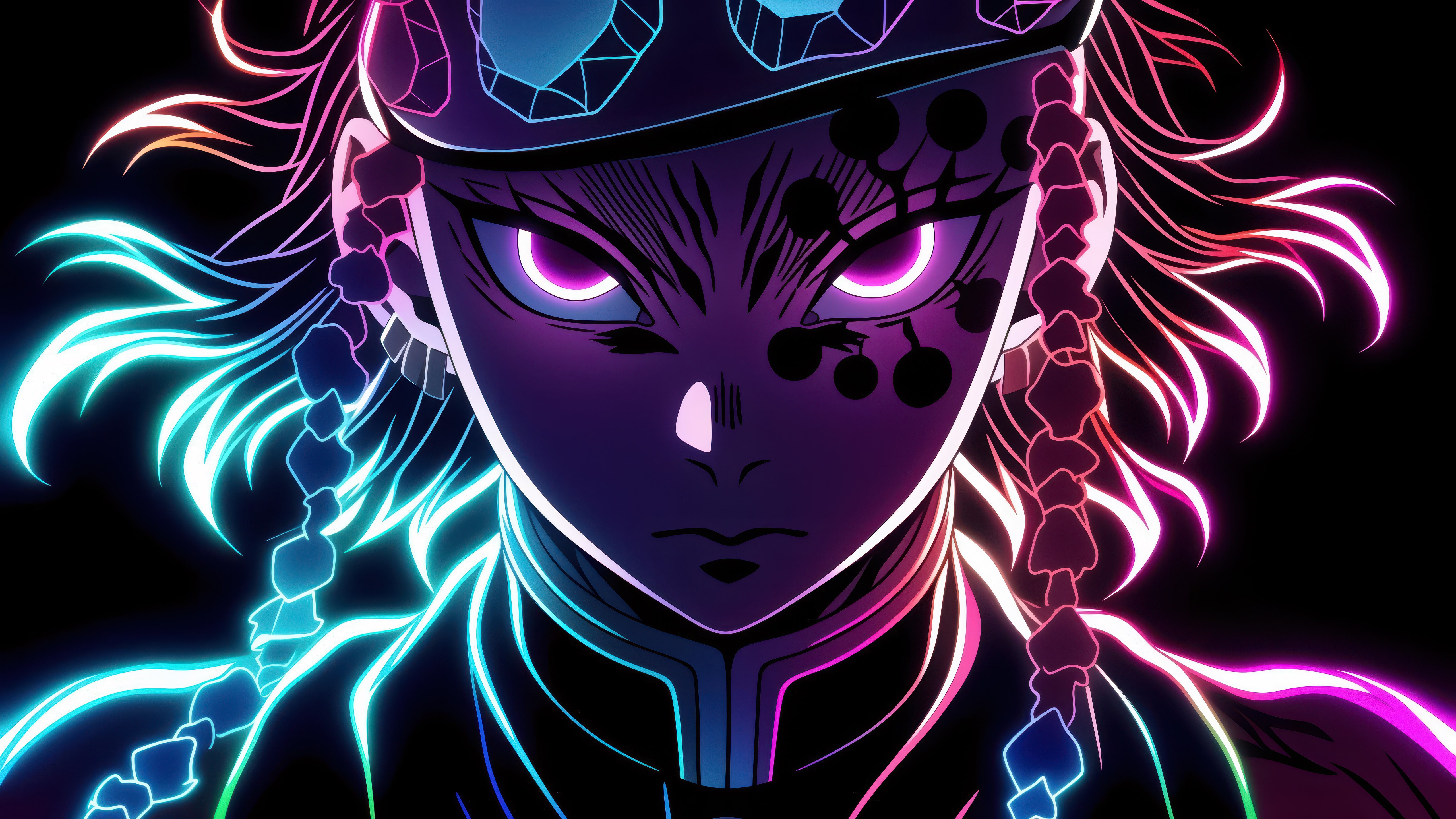 Tengen Uzui, Arte neon, Demon Slayer: Kimetsu no Yaiba, AMOLED, Fundo preto, 5K