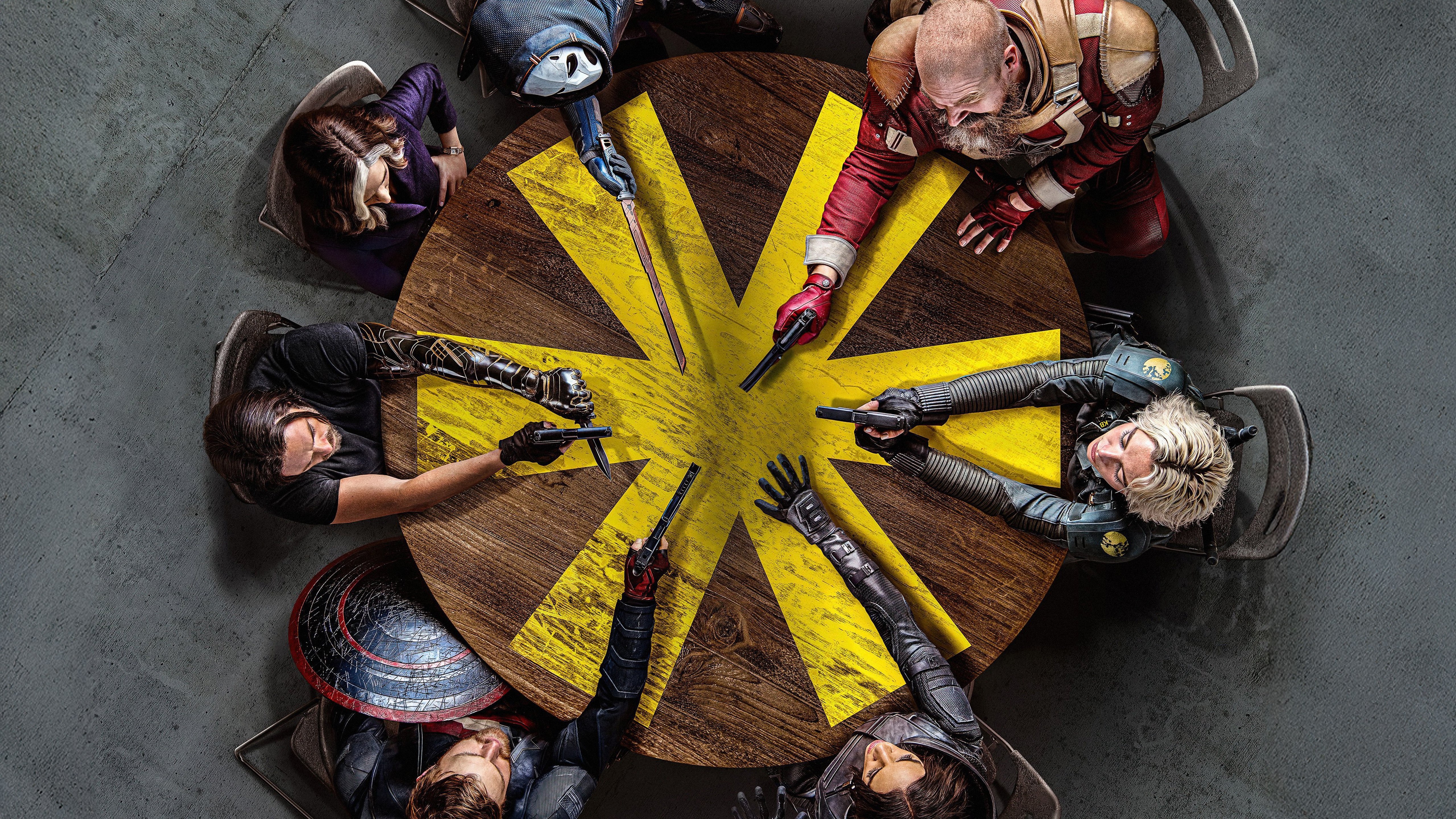 Thunderbolts, Mesa redonda, Pôster de filme, 5K, Universo Cinematográfico Marvel, Filmes de 2025, Viúva Negra, Bucky Barnes, Treinador, Guardião Vermelho, Super-heróis da Marvel, Yelena Belova, U.S. Agent, Ava Starr (Ghost)