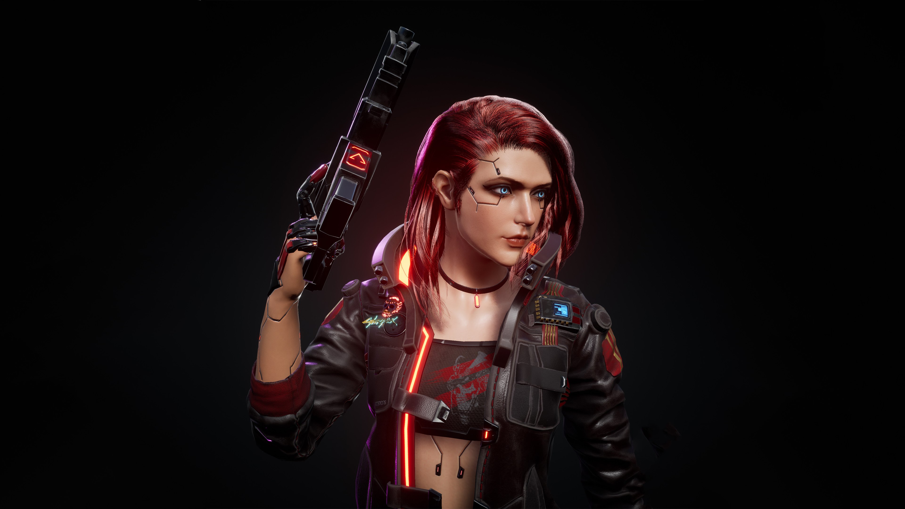 V feminina, Arte, Cyberpunk 2077, Fundo escuro