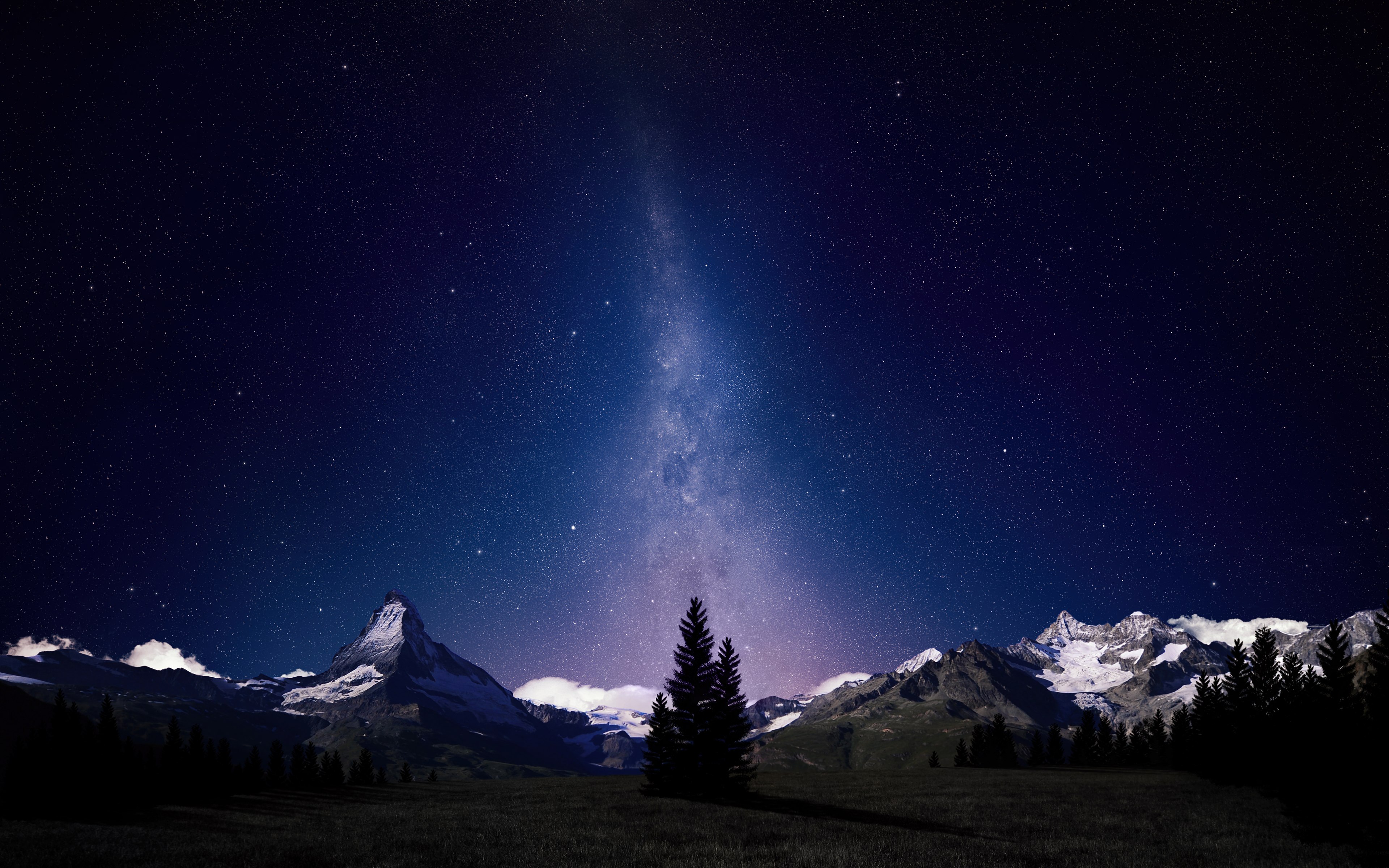 Via Láctea, Céu noturno, Montanhas dos Alpes, Alpes suíços, Composição digital, Escuro