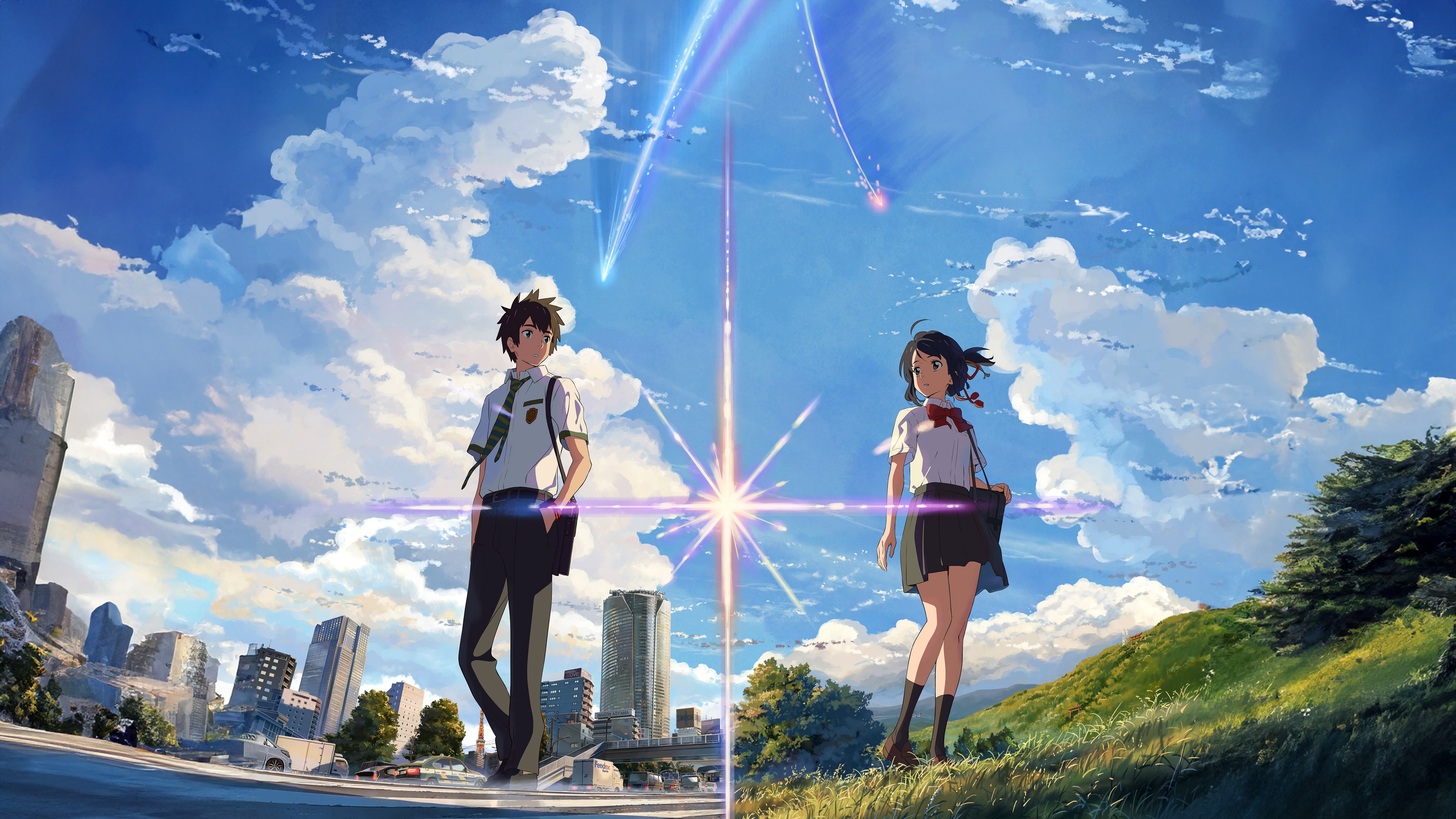 Your Name, 5K, Mitsuha Miyamizu, Taki Tachibana, Kimi no Na wa, Casal apaixonado, Casal de anime, Cometa Tiamat, Celestial, Estrelas cadentes