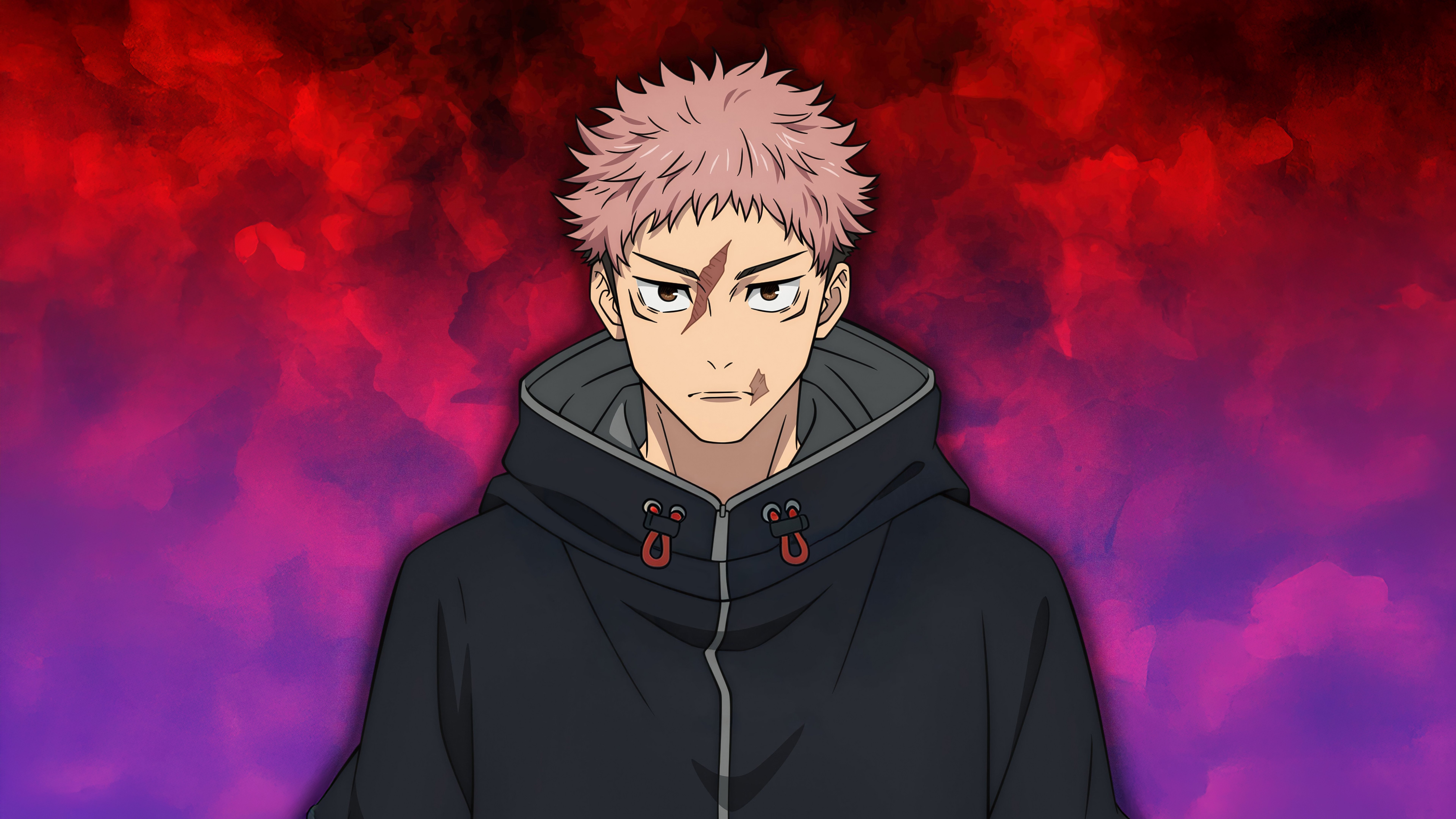 Yuji Itadori, Temporada 3, Jujutsu Kaisen, 5K, 8K, Cabelo rosa, Moletom, Fundo vermelho